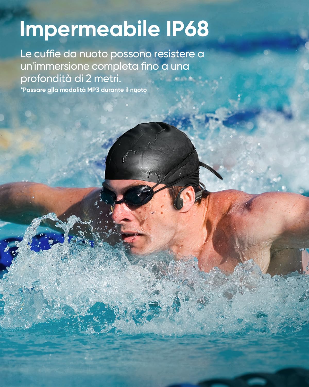 Guudsoud Cuffie Conduzione Ossea Bluetooth 5.4, Cuffie Subacquee per Piscina, Built-in MP3 32G Memoria Auricolari Corsa, Impermeabili IP68, Open Ear Sportive per il Nuoto, Palestra, Ciclismo