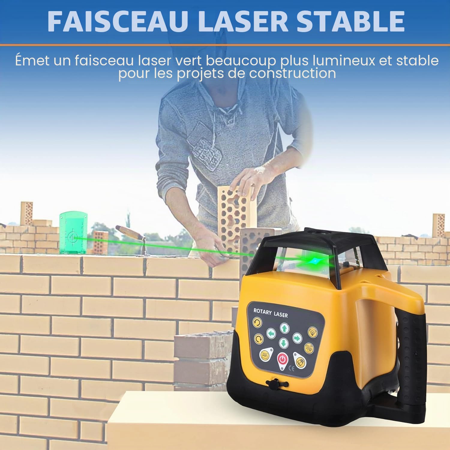 Niveau Laser Rotatif Kit de nivellement laser vert, faisceau vert de 500 m, nivellement laser rotatif automatique à 360° pour la construction, avec télécommande et mallette en aluminium
