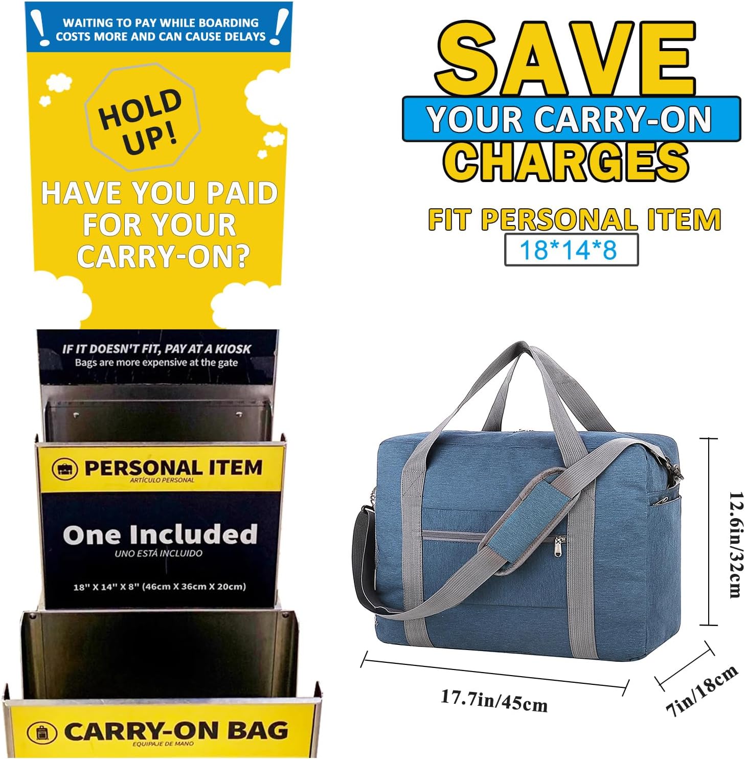 For Spirit Airlines Personal Item Bag 18x14x8 with Wet Pocket Foldable Travel Duffel Bag Underseat Carry on for Men & Women - Image 3