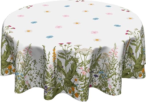 Spring Summer Flower Tablecloth Round 60 Inch Wild Flowers Floral Green Leaf Decorative Table Cloth Washable Wrinkle Stain-Resistant Polyester Farmhouse Holiday Table Cover For Party Picnic Dinner