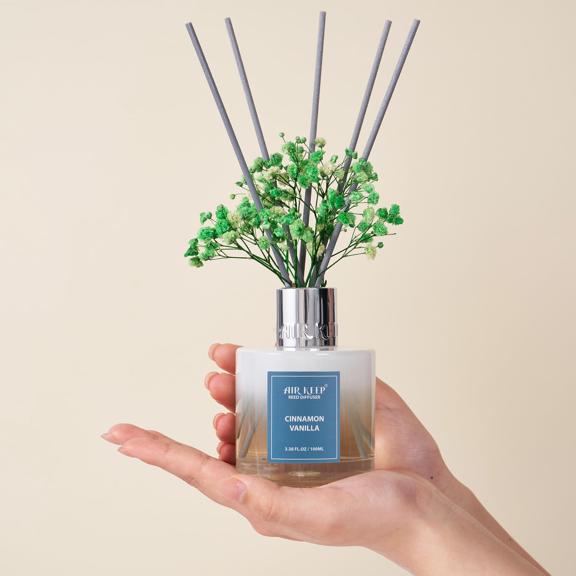 Airkeep Schilfrohr-Diffusor-Set, 100 ml, Zimt-Vanilleöl-Diffusoren mit 8 Schilfrohrstäbchen, Raumduft, Schilfrohr-Diffusor für Badezimmer-Regal-Dekor