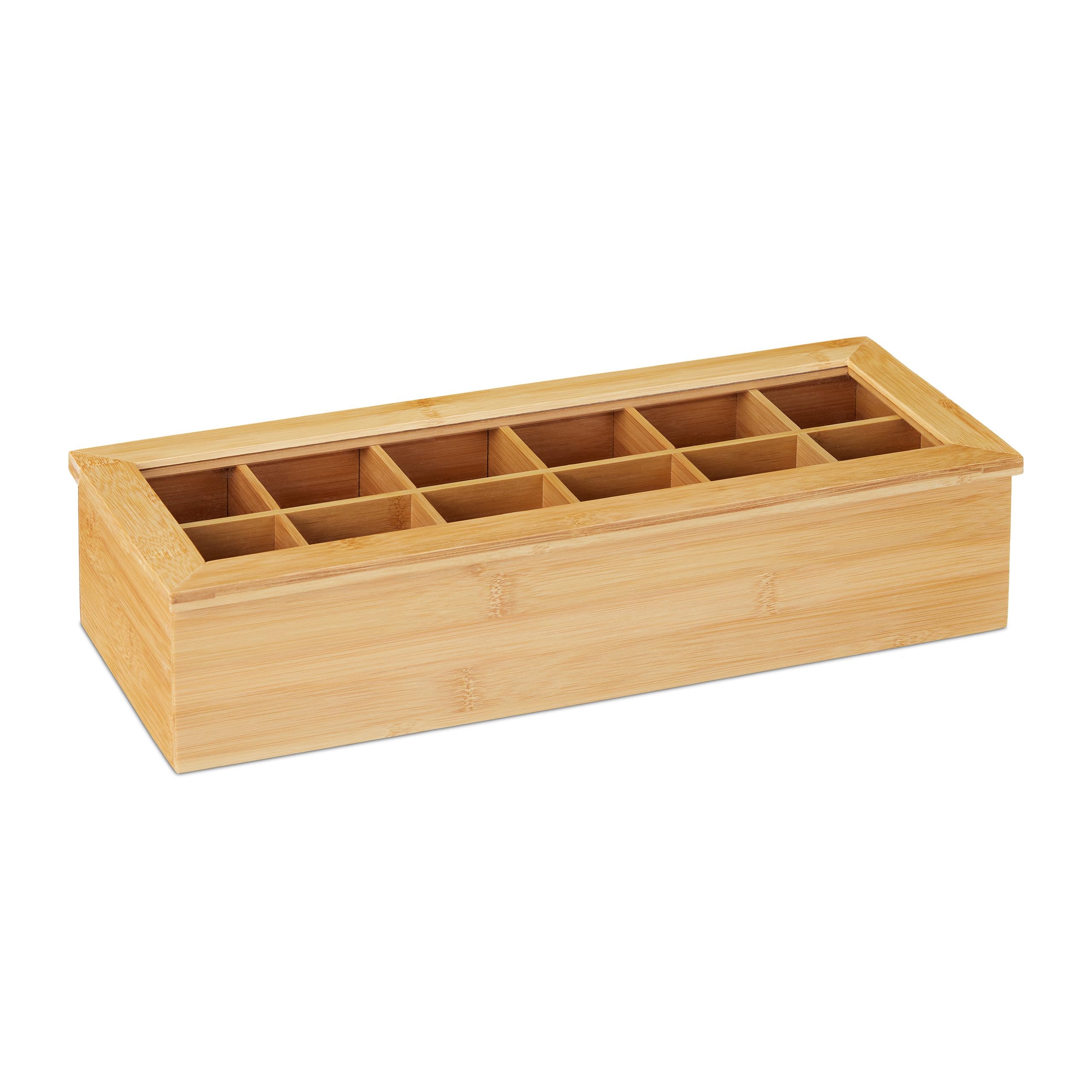 Relaxdays Caja Té, Bambú, 12 Compartimentos, Cajita Infusiones con Ventana, Organizador Bolsas Té 9x41x16 cm, Natural