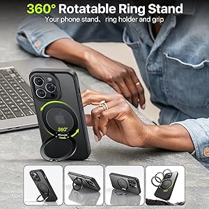 QTlier case for iPhone 14promax, 360 Rotatable Ring Stand, Raised Camera Frame, Shockproof with MagSafe Black