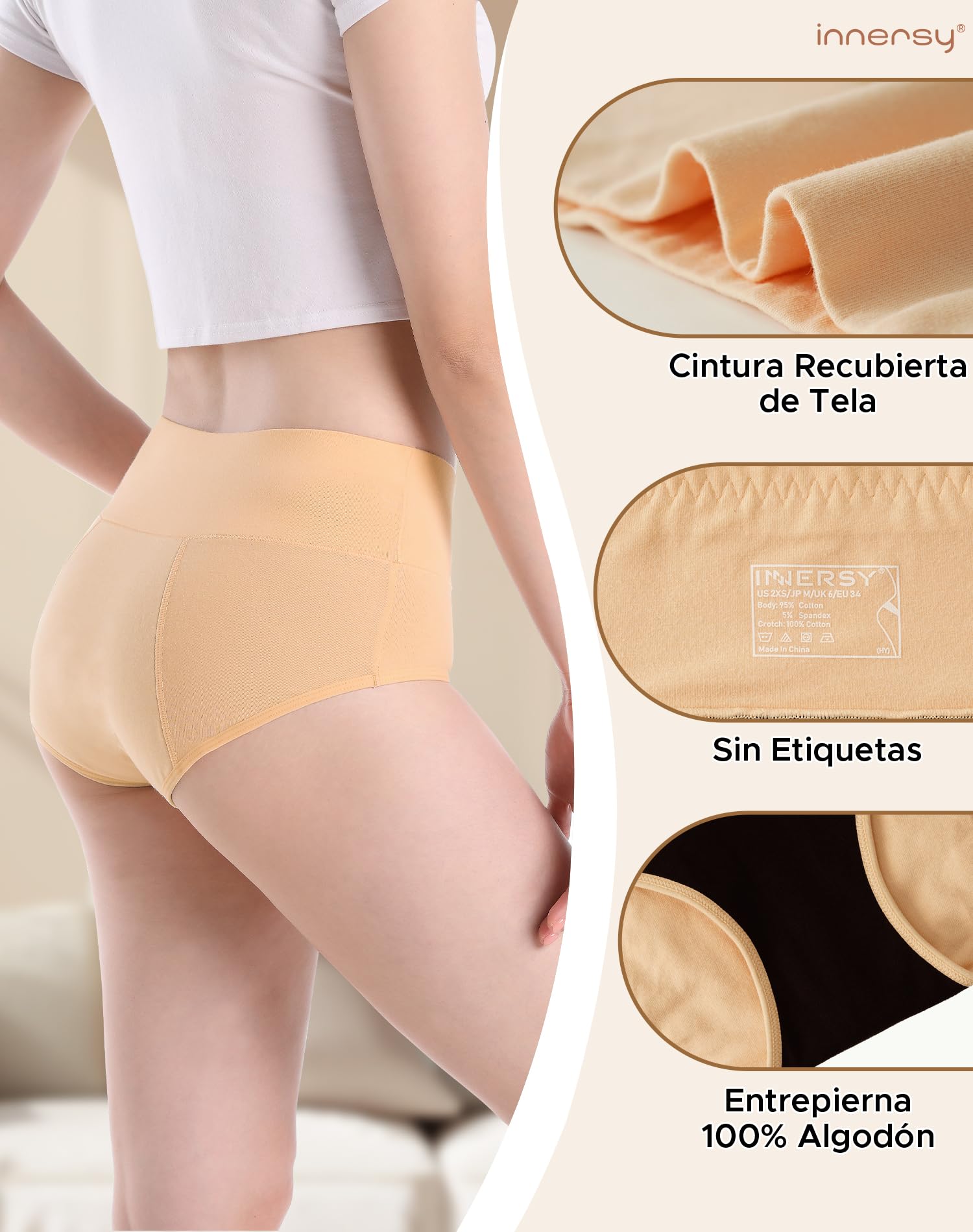 INNERSY Bragas Menstruales Mujer Cintura Alta Braga Menstrual Algodón Ropa Interior Protección Pack de 3