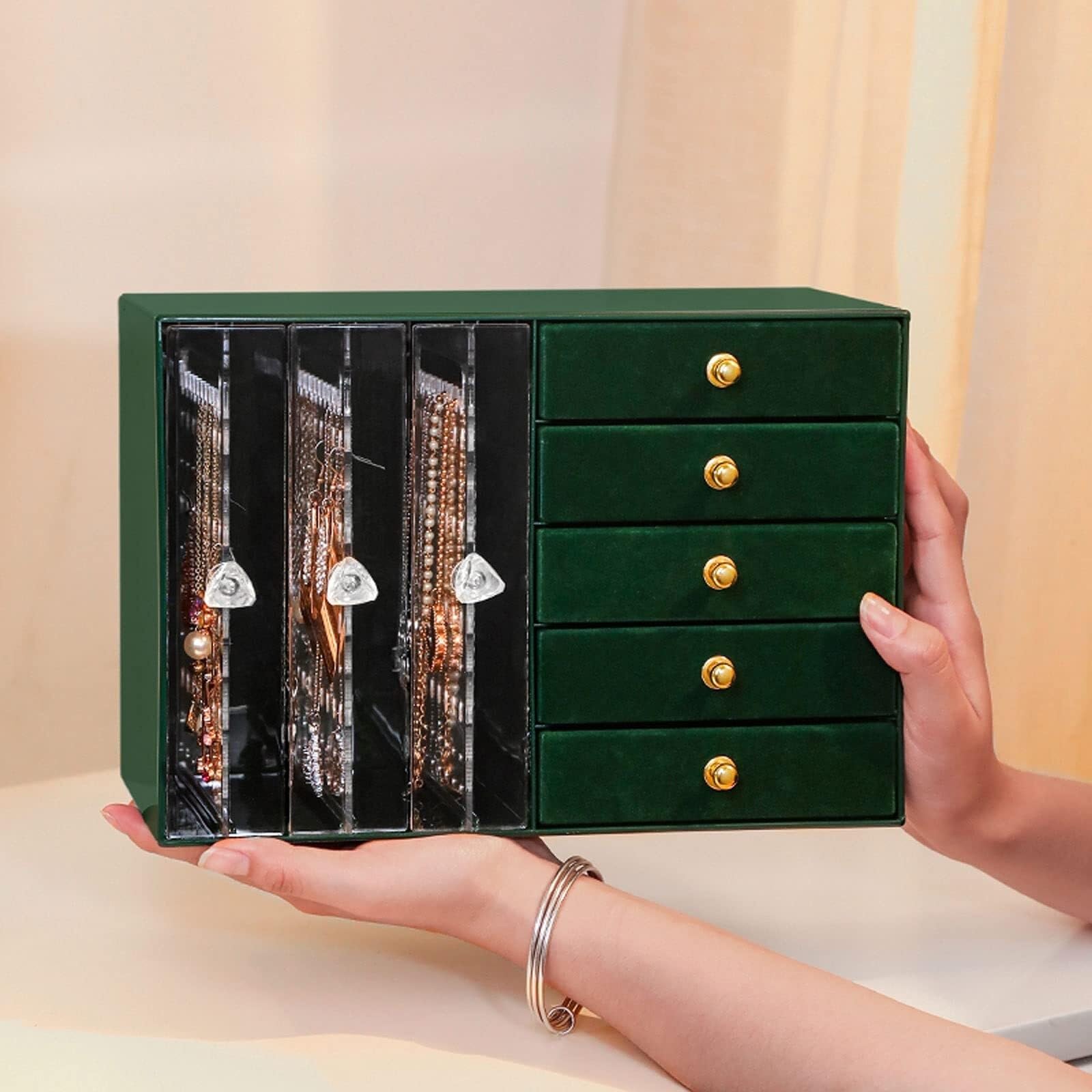Organizador de Joyas con 5 cajones y 3 Soportes extraíbles para Pendientes, Forrado de Terciopelo, para Anillos, Pulseras y Collares.