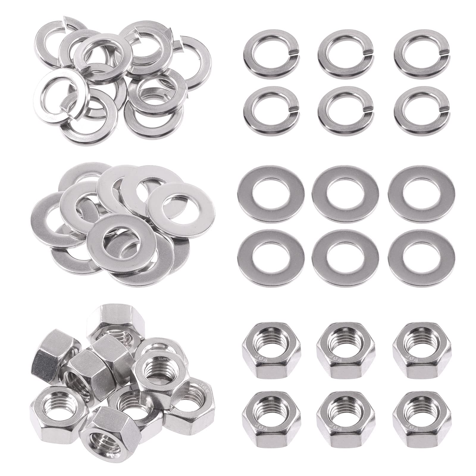 Swpeet 30Pcs SAE 304 Stainless Steel #5/8-11 Hex Nuts and #5/8 Flat Washers with #5/8 Split Lock Washers Assortment Kit, Coarse Thread Hexagon Nut for Home Automotive Shop Use