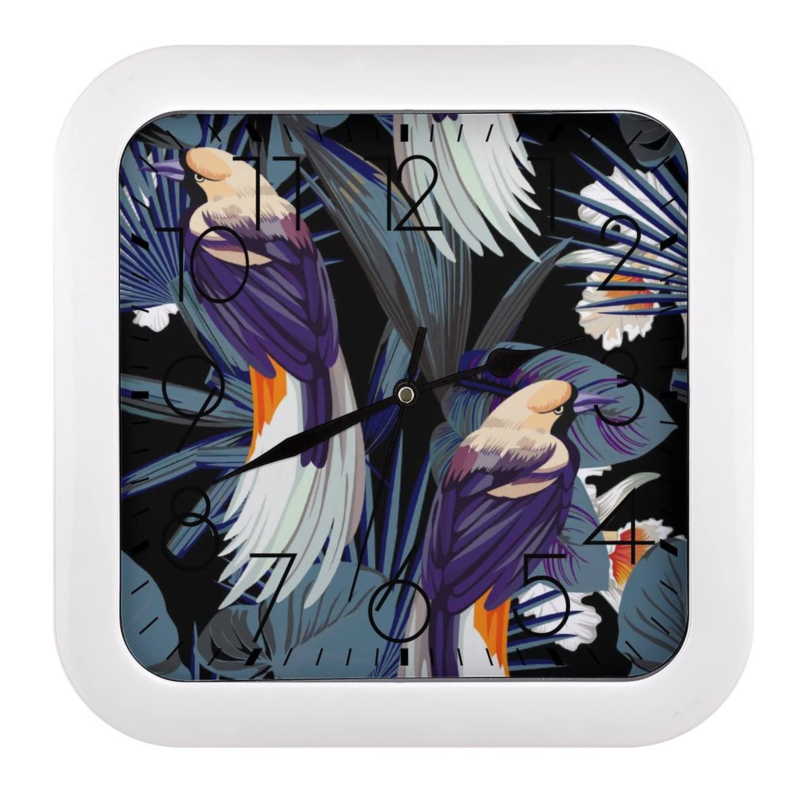 Horloge murale oiseau et feuilles décorative carrée à grands chiffres