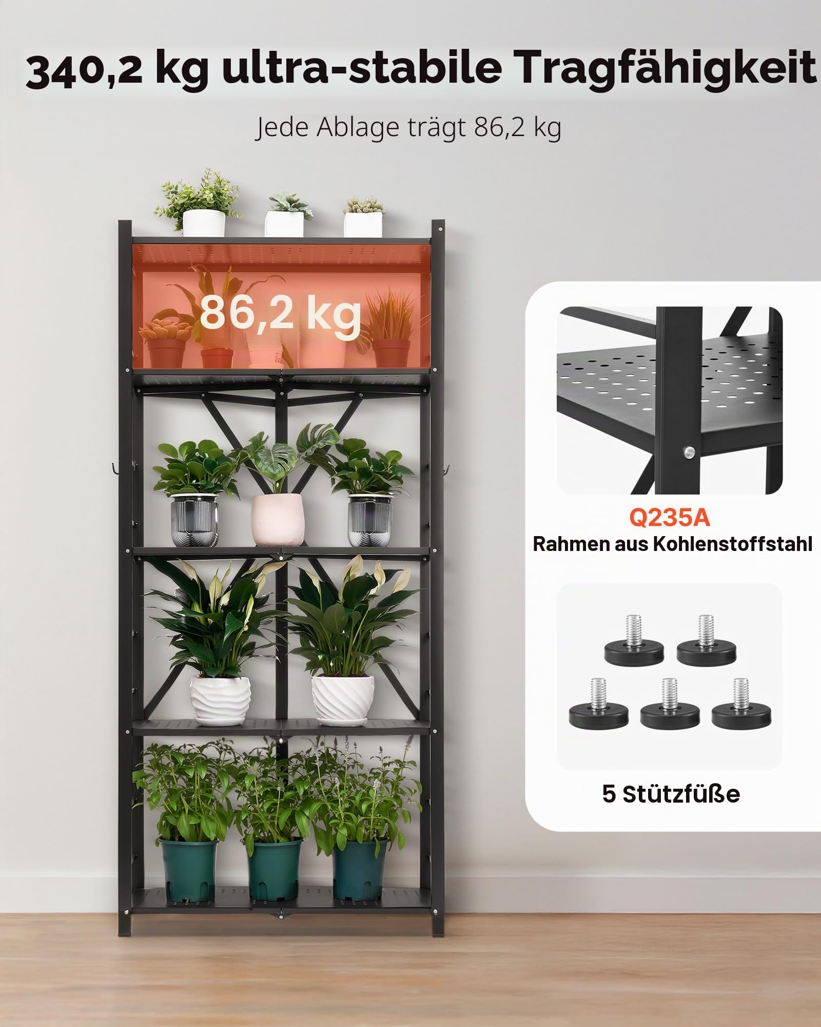 VEVOR 5 Etagen, Klappbare Regale mit Rädern, 38x71x163 cm, Faltbares Schwerlastregal, montagefreies Standregal, Haushaltsregal, Küchenregal, Metallregal für Garage, Küche, Keller, schwarz