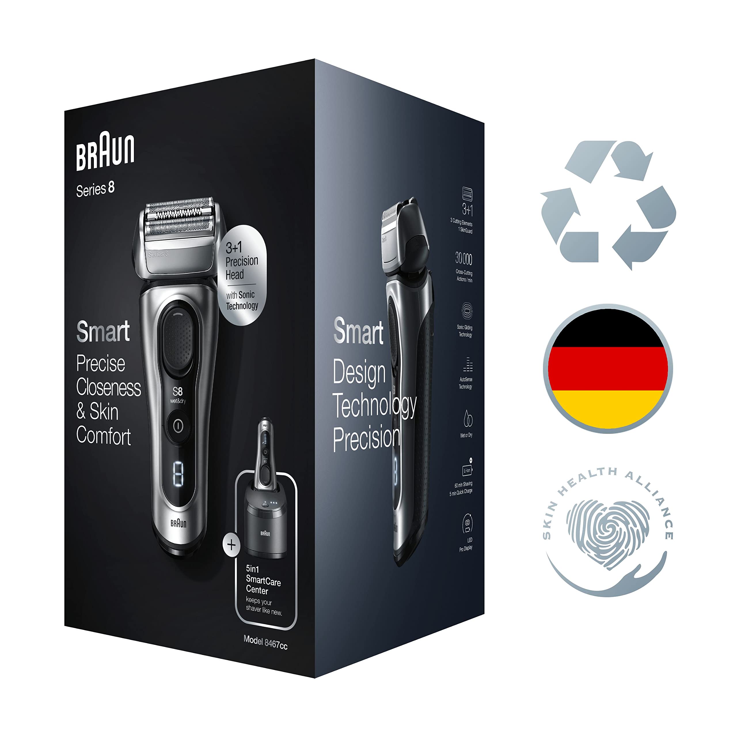 Braun Series 8 golarka męska z głowicą golącą 3 + 1, golarka elektryczna i trymer, technologia Sonic, głowica 40°, dopasowanie konturów, stacja czyszcząca, na mokro i sucho, 8467cc, srebrna