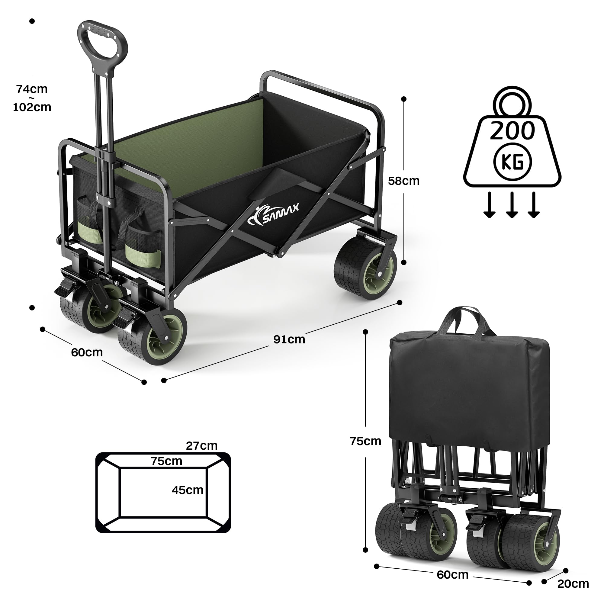 SAMAX Bollerwagen bis 200kg 2in1 Faltbarer Handwagen Gartenwagen Offroad Transportwagen Schwarz Matcha Grün
