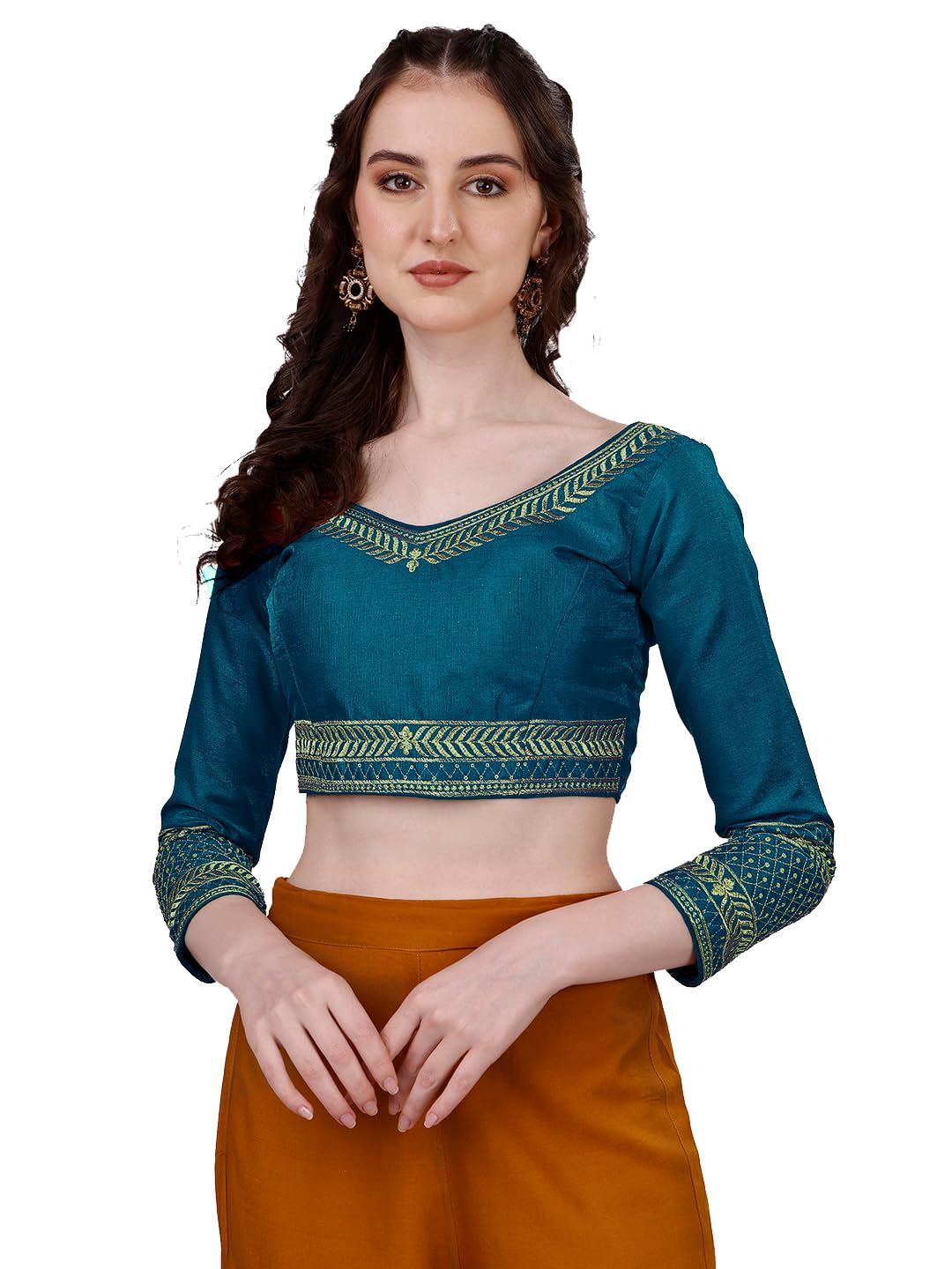 Pujia Mills Women's Milan Silk Heavy Embroidery with Sequins Worked Full Sleeve Fancy Saree Blouse