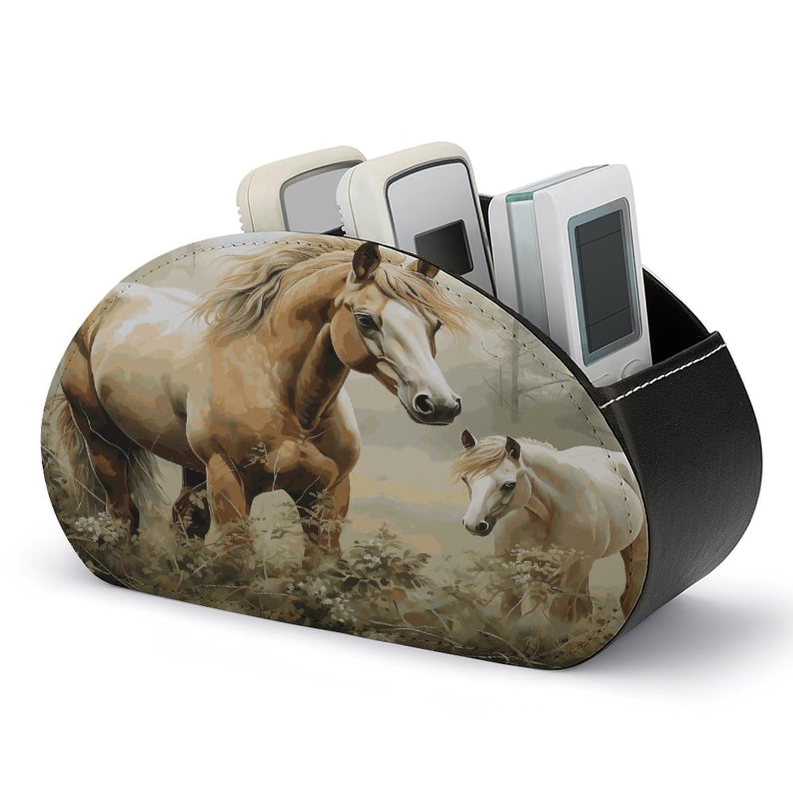 VstaDank - Horse Remote Control Stand with 5 Compartments TV Box PU Leather Multifunctional Office Computer Storage Organizer
