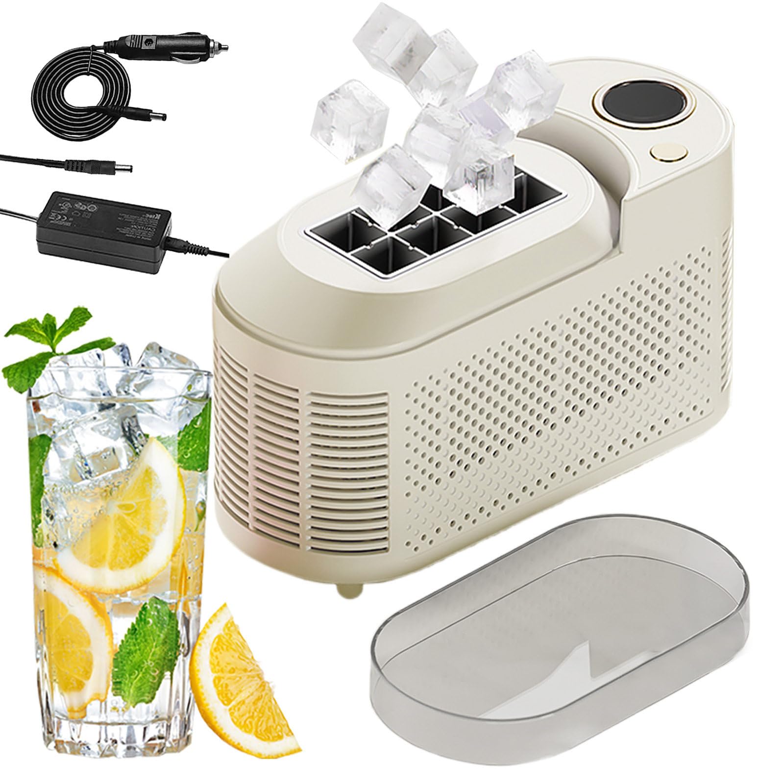 Máquina Hielo para Autocaravana y Camping-Fabricadora de Hielo Portátil Encimera,8 Cubitos por Ciclo,Hielo Rápido 10-15 Min,Adaptador 12V Coche y Corriente AC,para Hogar/Exteriores,Beige