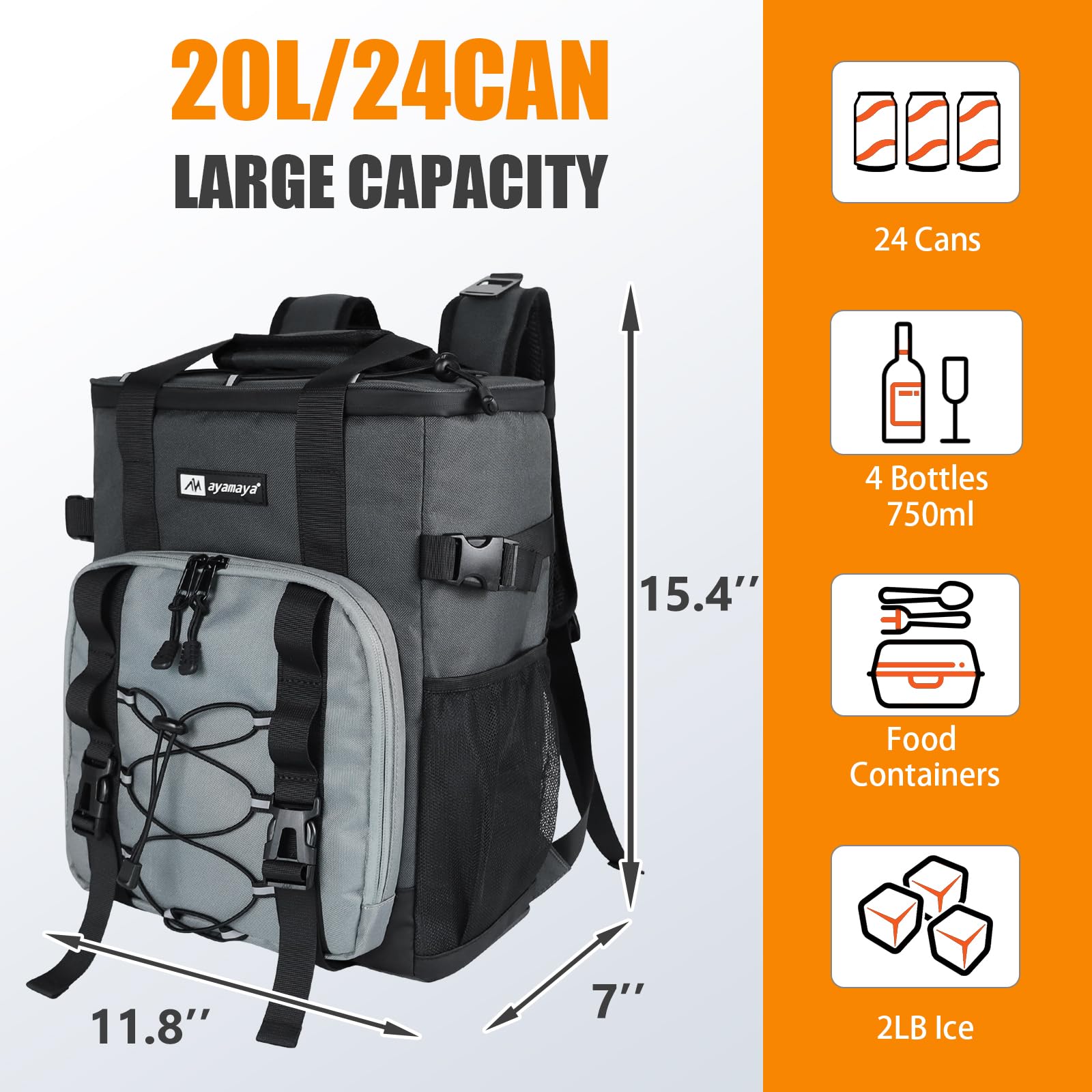 AYAMAYA Zaino refrigerante da 30 l/20 l, Grande Pieghevole, 40/24 lattine, Zaino Termico, Zaino Isolato, con Scomparto frigo, Zaino per la Spesa, per Spiaggia, Picnic, Campeggio, Barbecue