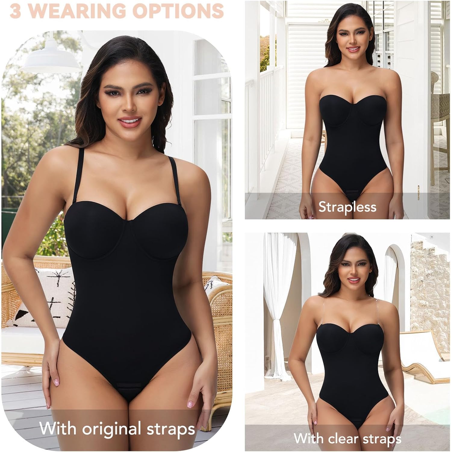 SHAPERIN Women's Tummy Control Shapewear Bodysuits Strapless Low Back Body Shaper with Built-in Bra & Removable Straps - Image 3