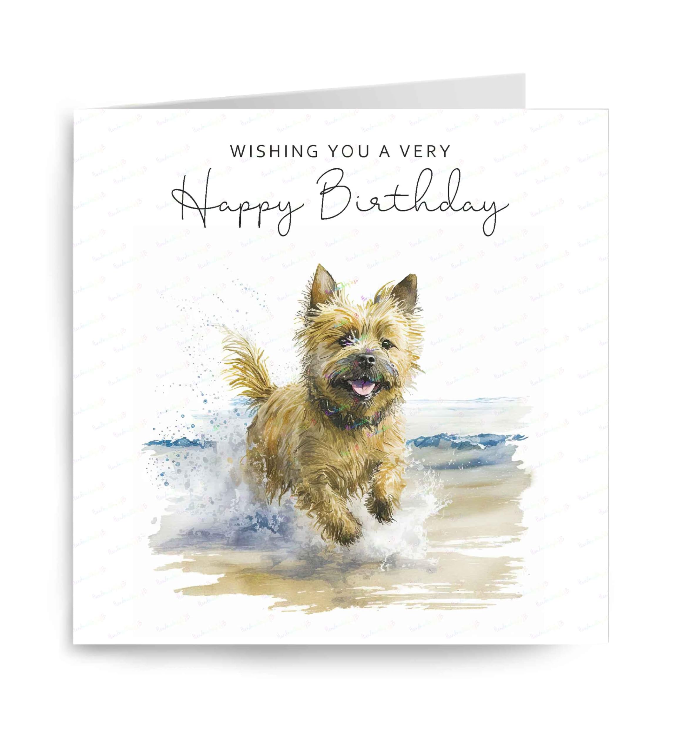 Cairn Terrier Birthday Card, Lovely Dog Beach Scene Greetings Card, Dog on the Beach Birthday Card, Dog Seaside Birthday Card, 6" x 6", Blank Inside