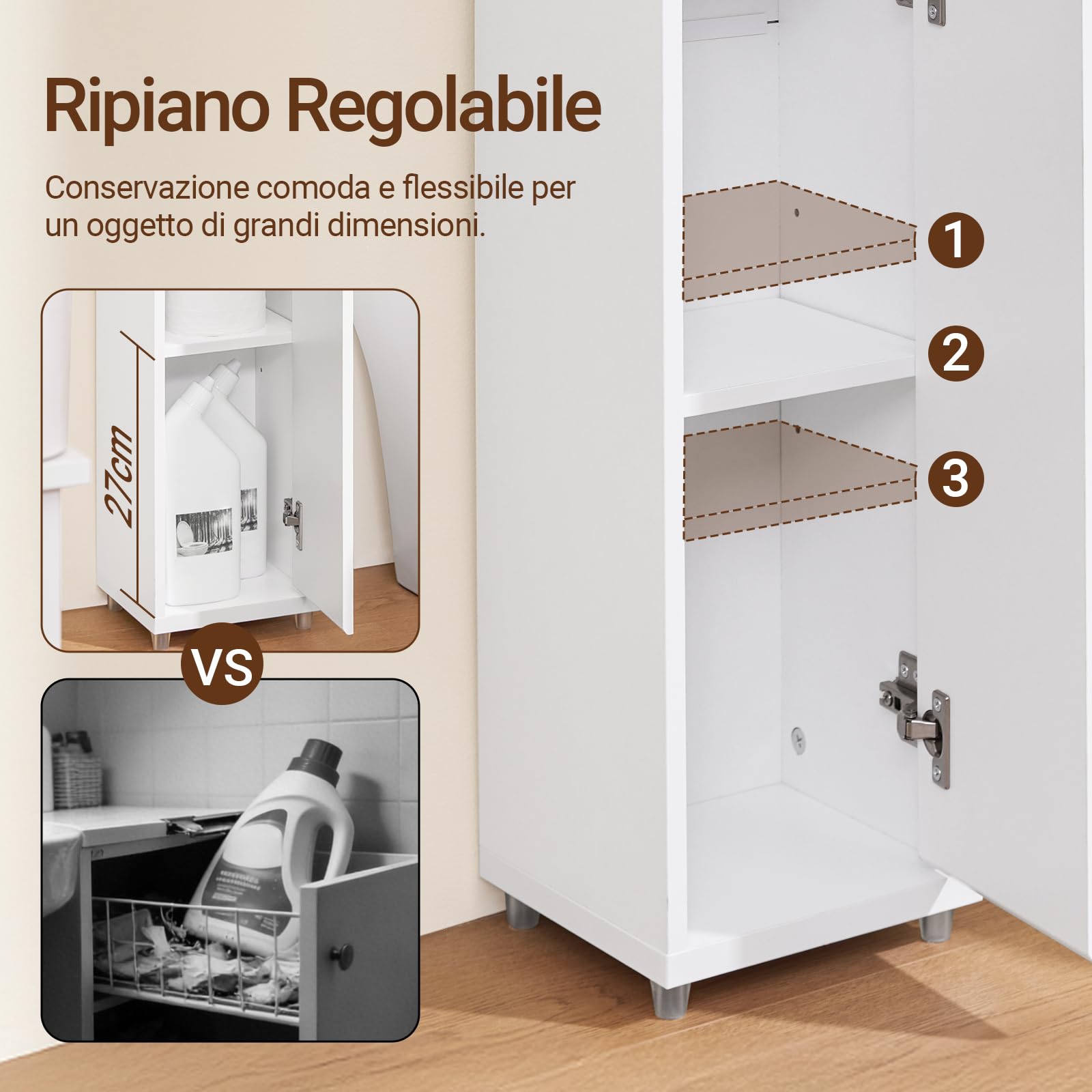 SoBuy Mobiletto Bagno Salvaspazio Colonna Stretta Armadietto Bagno con Cassetto & Ripiano Regolabile per Spazi Stretti WC Piccoli Bianco 20x20x96cm BZR151-W