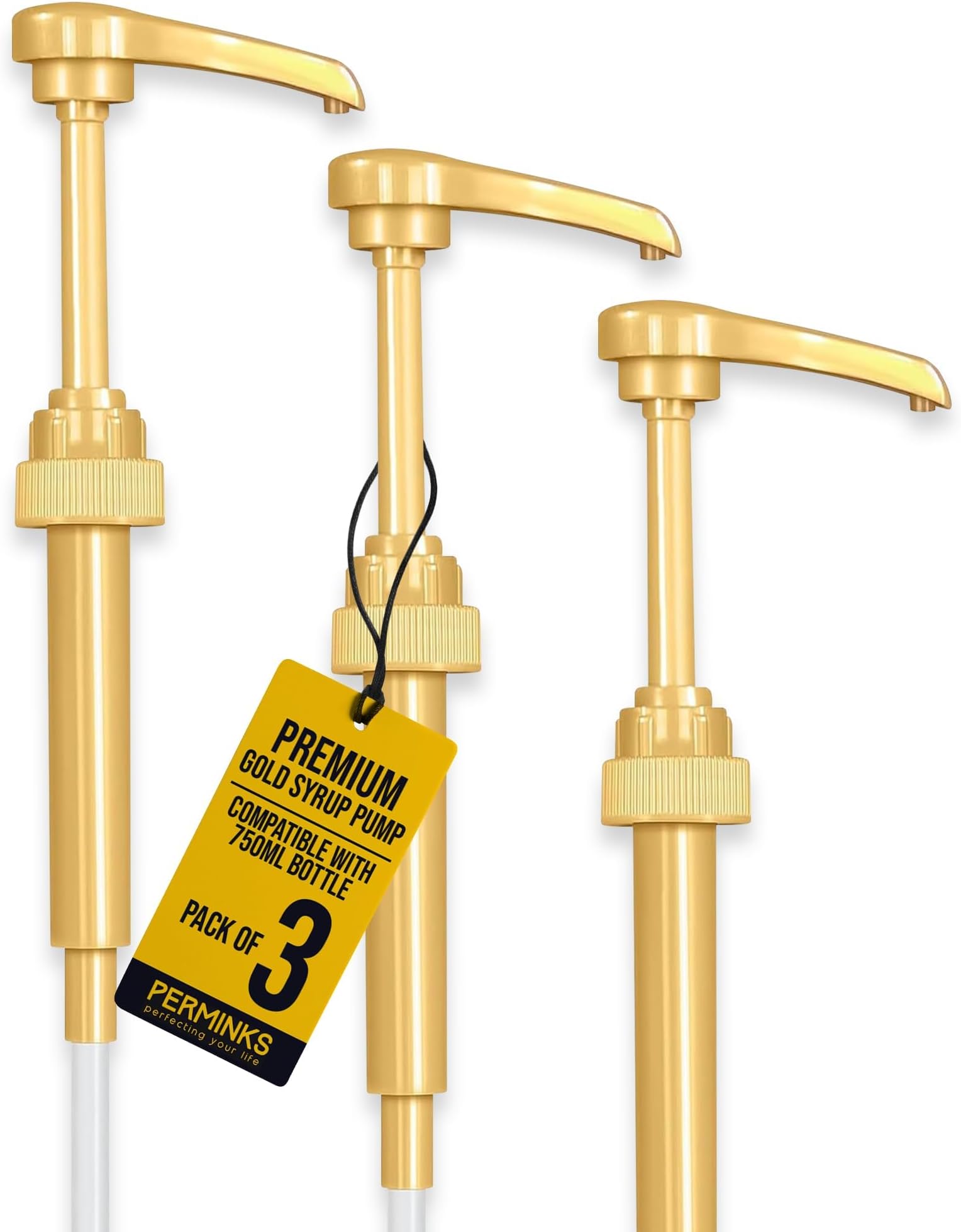 Premium Syrup Pump Compatible with Torani 750ml Bottle, Davinci Syrups - No Spill, No Clogging Syrup Pump Dispenser for Vanilla, Snow Cone, Blueberry, Coffee Flavor and More (Pack of 3, Gold)