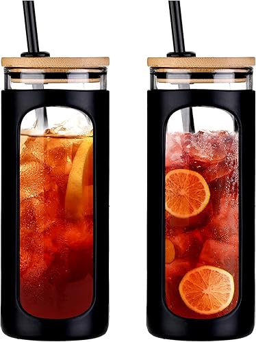 Kodrine - Botella con popote para beber, capacidad de 20 onzas fluidas, con tapa de bambú, para café helado, reutilizable, boca ancha, para batidos,