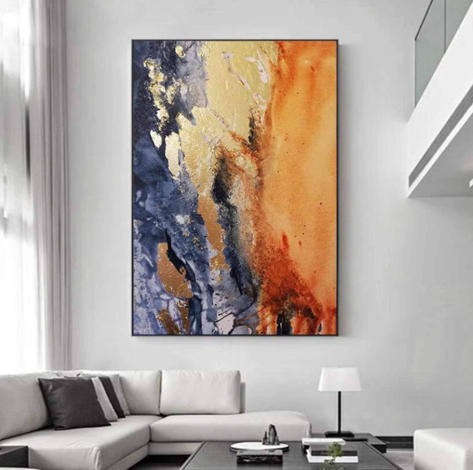 Peinture à l'huile feuille d'or orange faite main pour salon chic