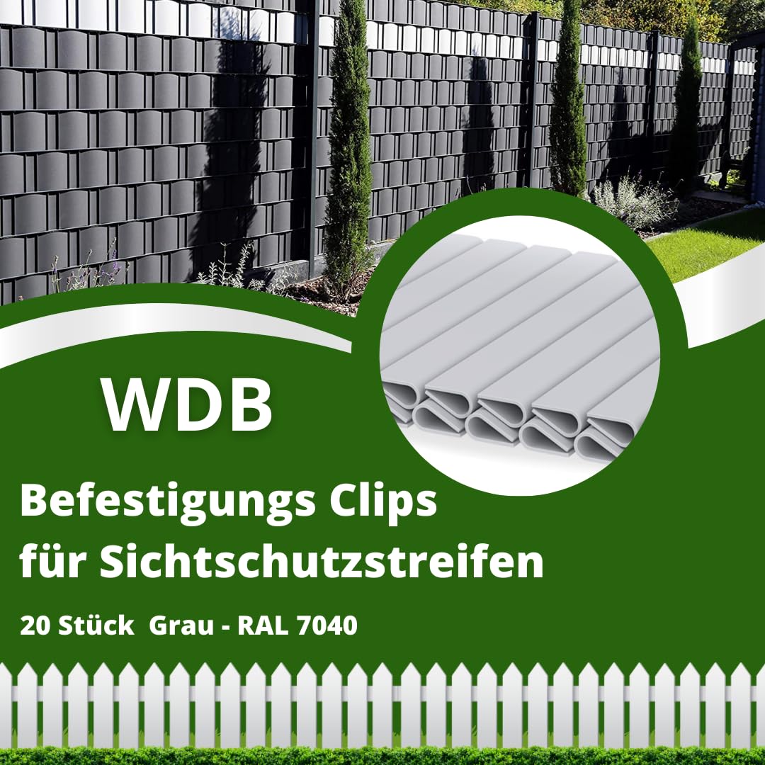 WDB - Inkijkwerende stroken voor dubbelstaafmatten inkijkbescherming omheining - 19 cm x 35 m 20 bevestigingsclips - PVC windscherm Basic Line - grijs - RAL 7040 WDB - Inkijkwerende stroken voor dubbelstaafmatten inkijkbescherming omheining - 19 cm x 35 m 20 bevestigingsclips - PVC windscherm Basic Line - grijs - RAL 7040