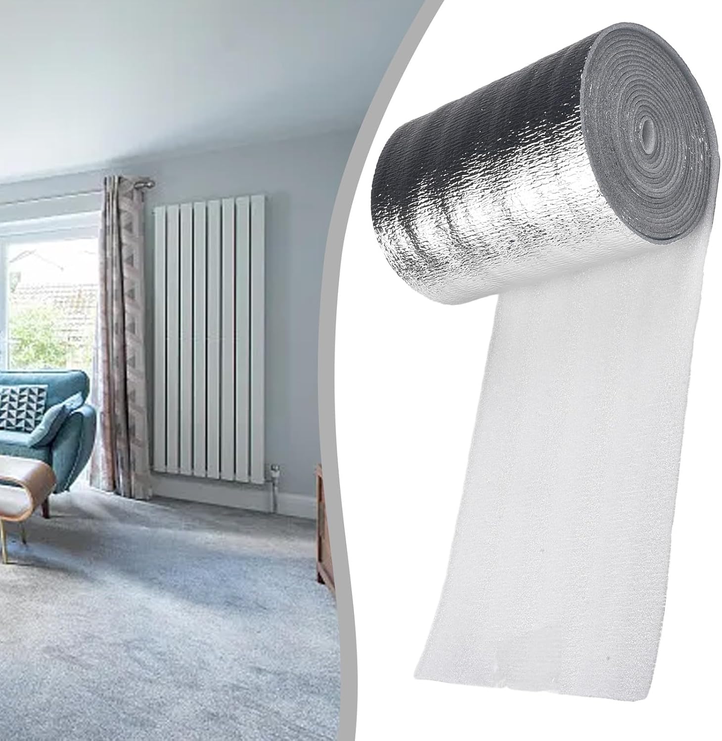 Radiator Reflective Insulation Film, 3mm Thick Aluminum Foil Thermal Barrier for Wall Behind Radiators, Heat Reflector to Improve Efficiency and Save Energy, 5m x 0.2m Roll
