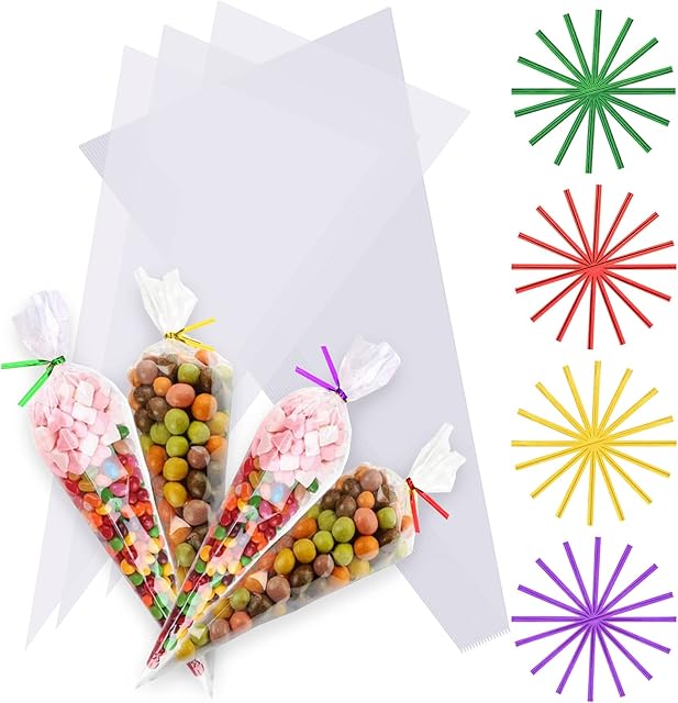Cellophane Cone Bags 14.15x7.05 inches 80 Pcs Sweets Transparent Clear Triangle Bags with about 130 Pcs Colorful Twist Ties for Snacks Popcorn Chocolates Candy Christmas Party (36*18cm)