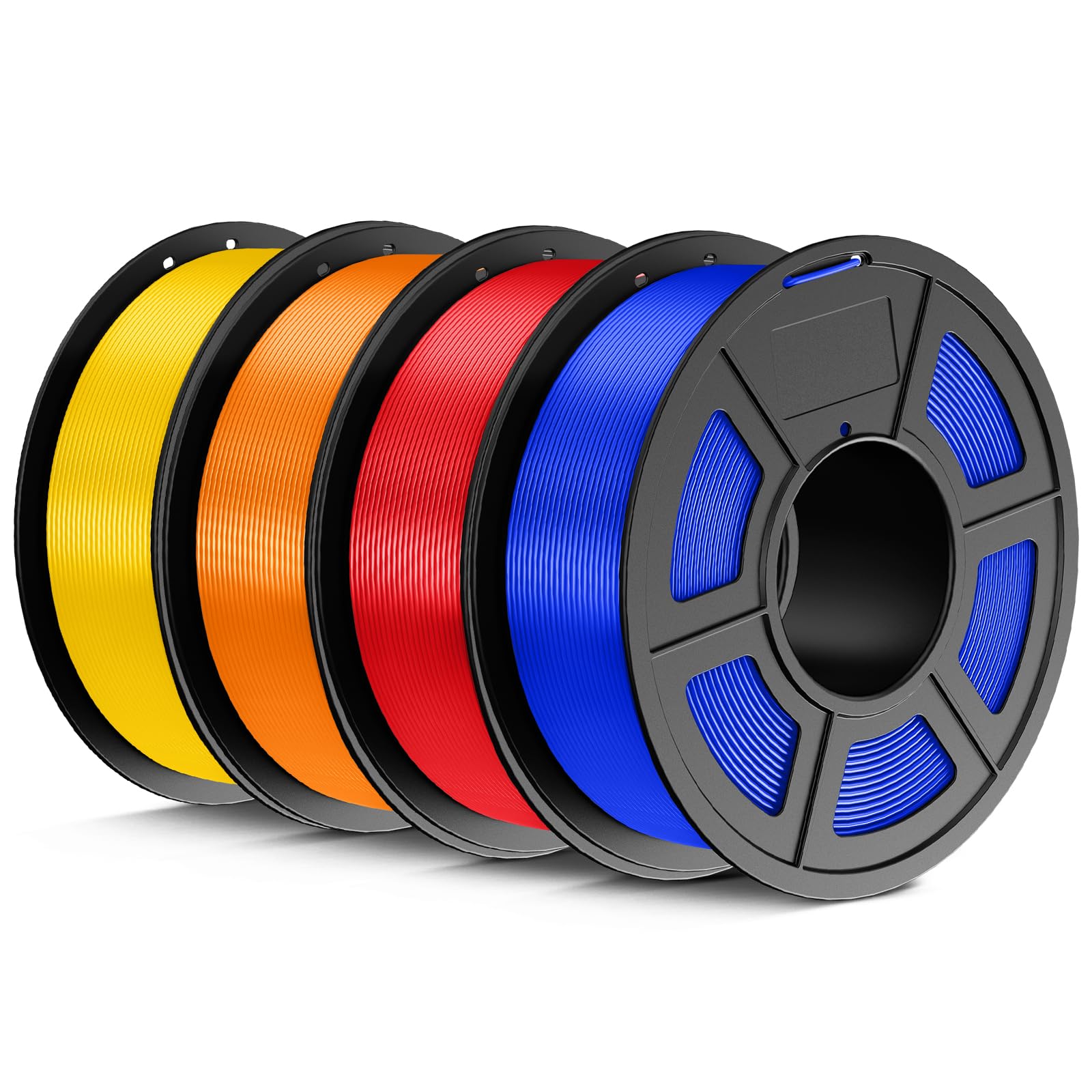 JAYO Filament PLA 1,75 mm, 4,4 kg, Zestaw filamentów PLA do drukarki 3D, 1,1 kg na szpulę, 4 szpule, wielokolorowy, do większości drukarek 3D FDM (czerwony, niebieski, żółty, pomarańczowy)