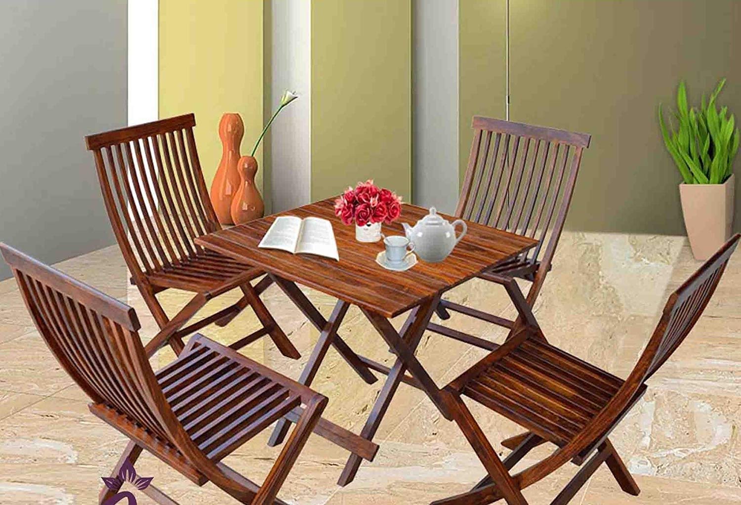 Shree Decoart Sheesham Wood Folding Coffee Table with for 4 Chair for Living Room Patio Table Outdoor Garden Balcony(Dark Brown)