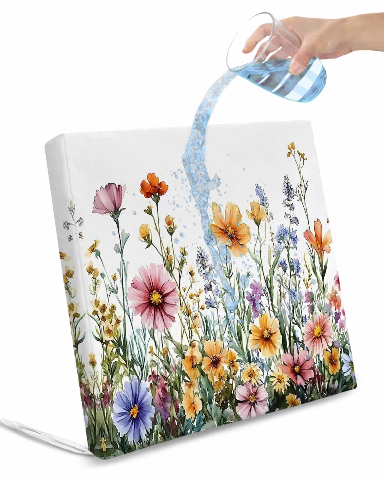 Spring Floral Outdoor Cushion Chair Cover Set of 4 - Waterproof Couch Seat Covers, Yellow Pink Flowers Watercolor Farmhouse Patio Furniture Protector Cushions Slipcovers for Sofa/RV, 20