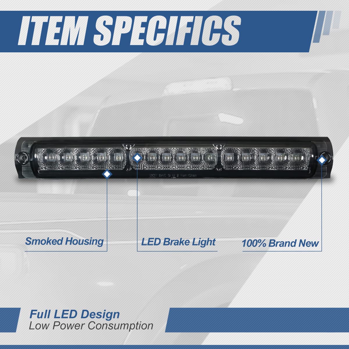 Auto Dynasty Full LED 3rd Third Tail Brake Light High Mount Stop Lamp Compatible with Ford F-150 Heritage F-250 1997-2004, Chrome Housing Smoked Lens