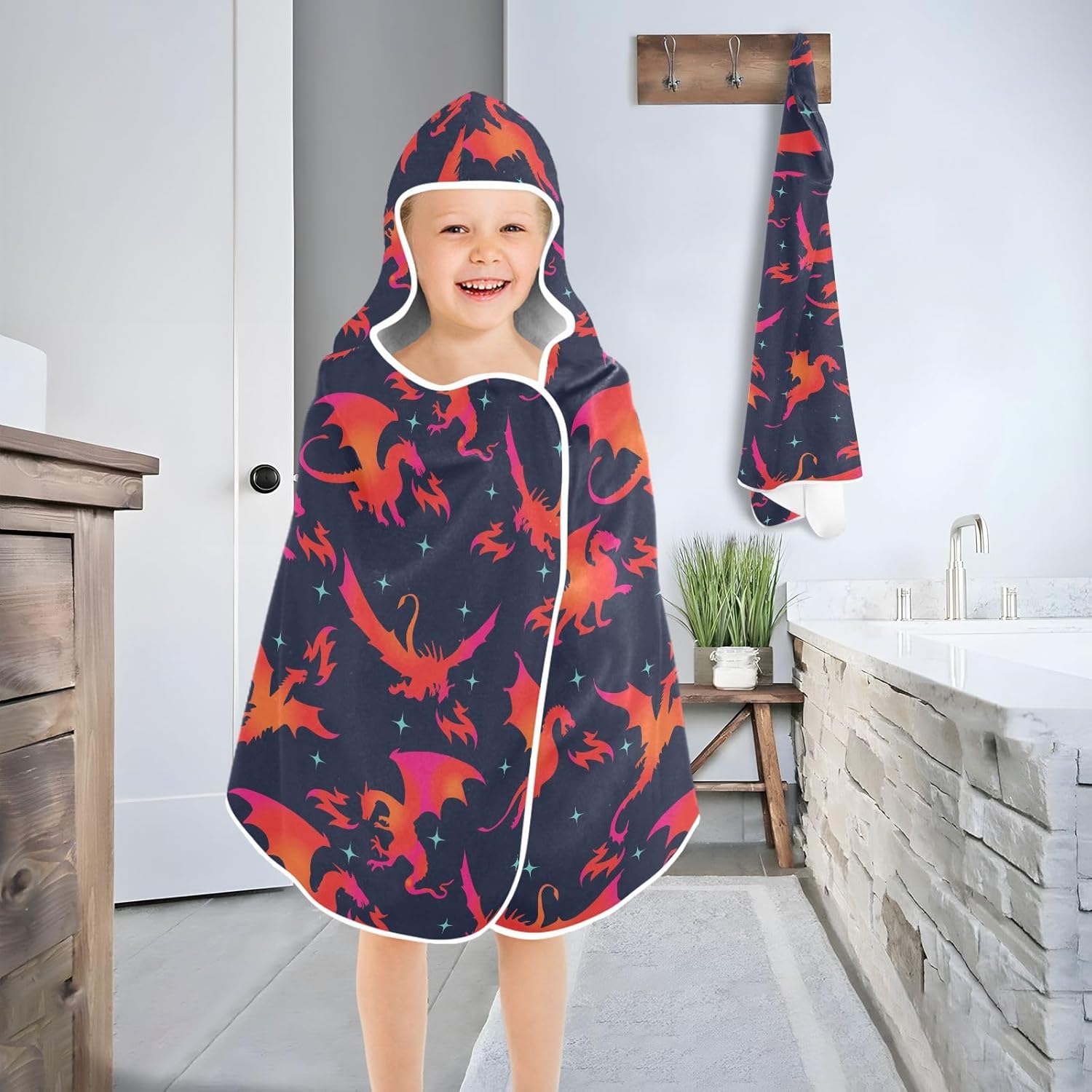 Kids Hooded Beach Towel Fire Dragon Star Pattern Printed for Toddler Boys Girls, Soft Absorbent Bath Swimming Towels 30x50 Inches