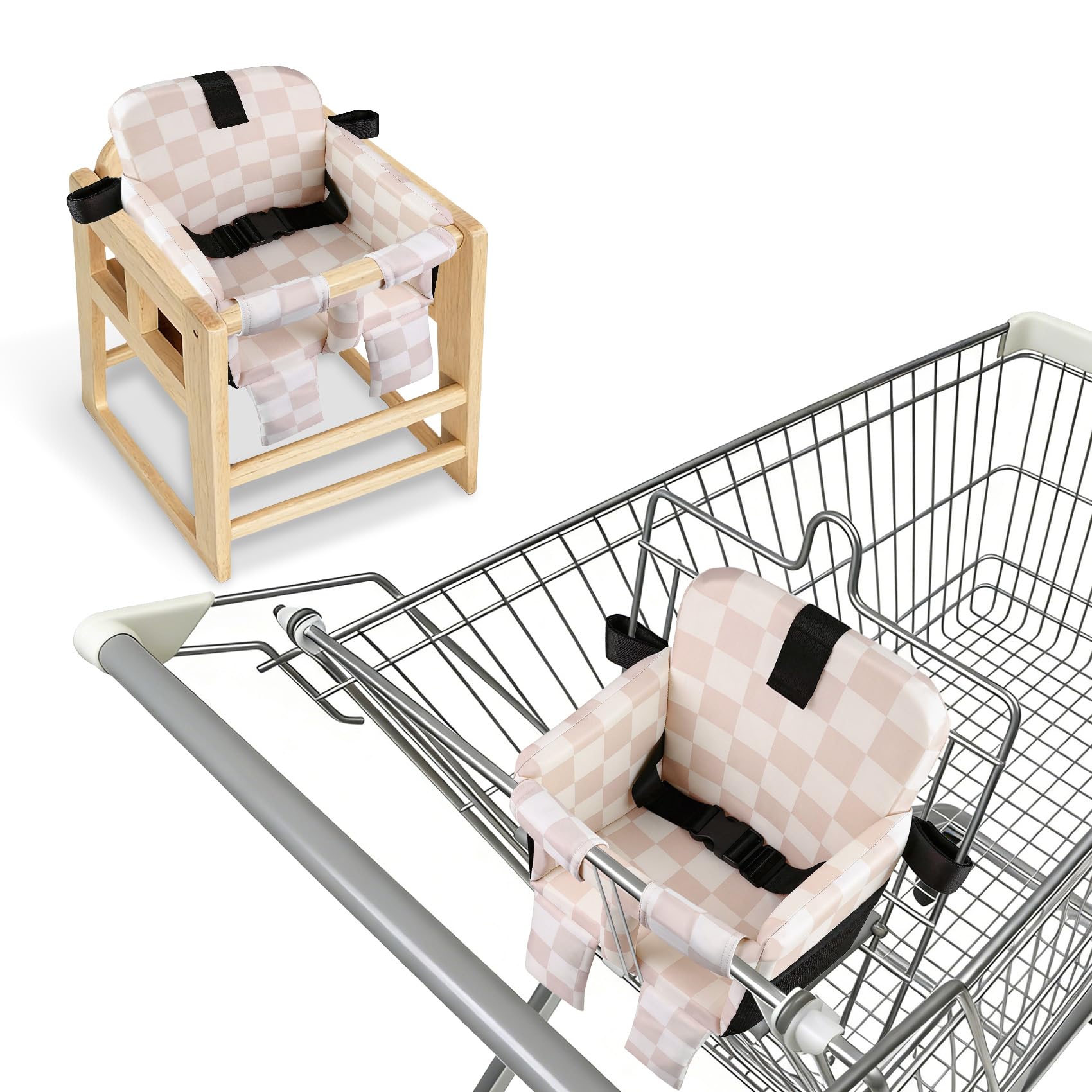 Portable Baby Shopping Cart Seat, High Chair Cover for Outdoor, One-Hand Installation Cart Seat Cover, Comfortable and Supportive Foam-Padded, Grocery Cart Baby Seat – Pink Checkered