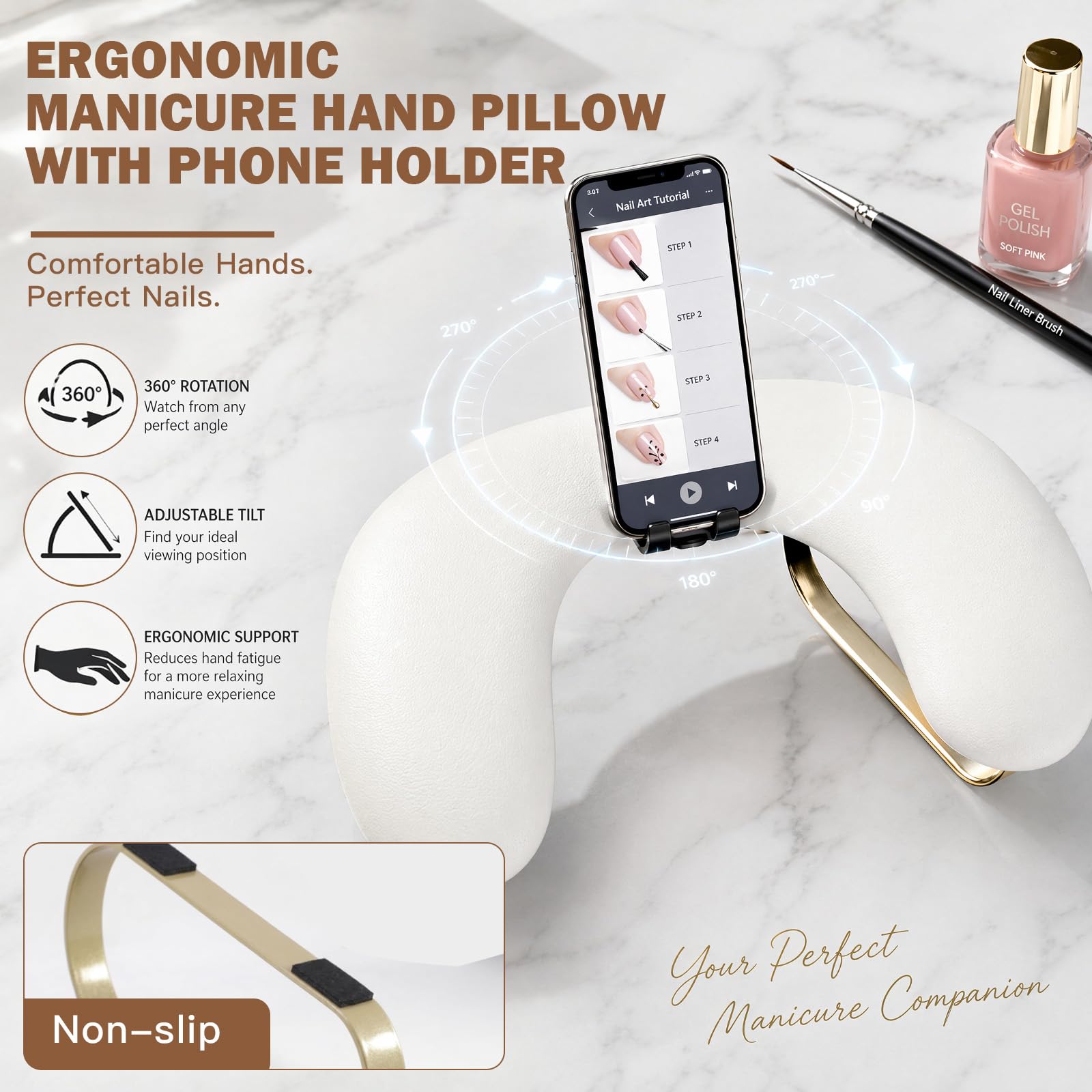 U-förmige Handauflage Nagelstudio - Nagel Armlehne - Ergonomische Handgelenkauflage mit 15° Neigung - Nagel Armlehne mit Handyhalterung - Weiche Handstütze für Maniküre und Nagelstudio (Weiß)
