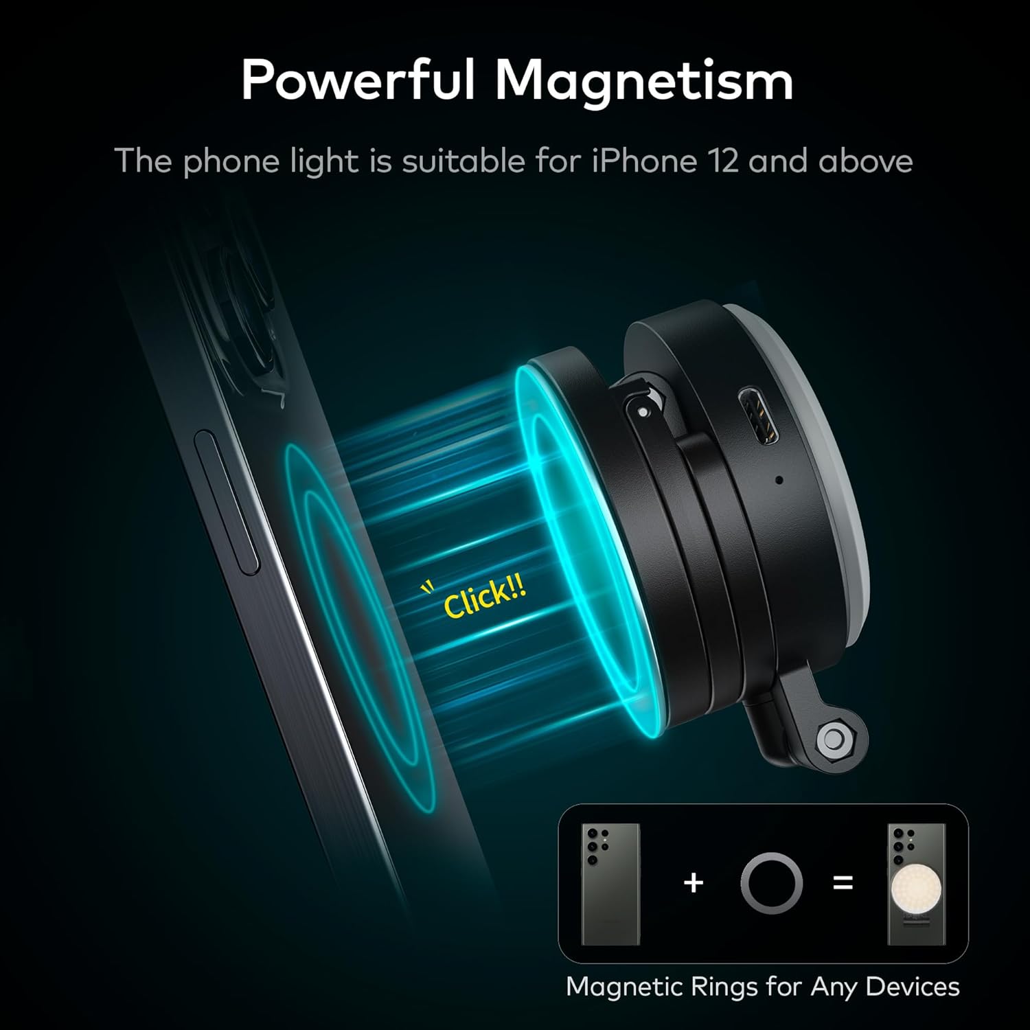 Diagram showing the magnetic attachment of the RaLeno PL-30 light to an iPhone, with magnetic rings for other devices.