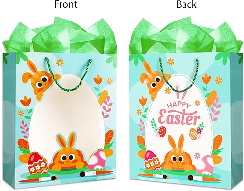 Miniatura 6 de WaaHome Bolsa de regalo de Pascua para niños – Bolsas de regalo grandes de conejo de Pascua de 11.5 pulgadas con papel de seda y asa, bolsa de