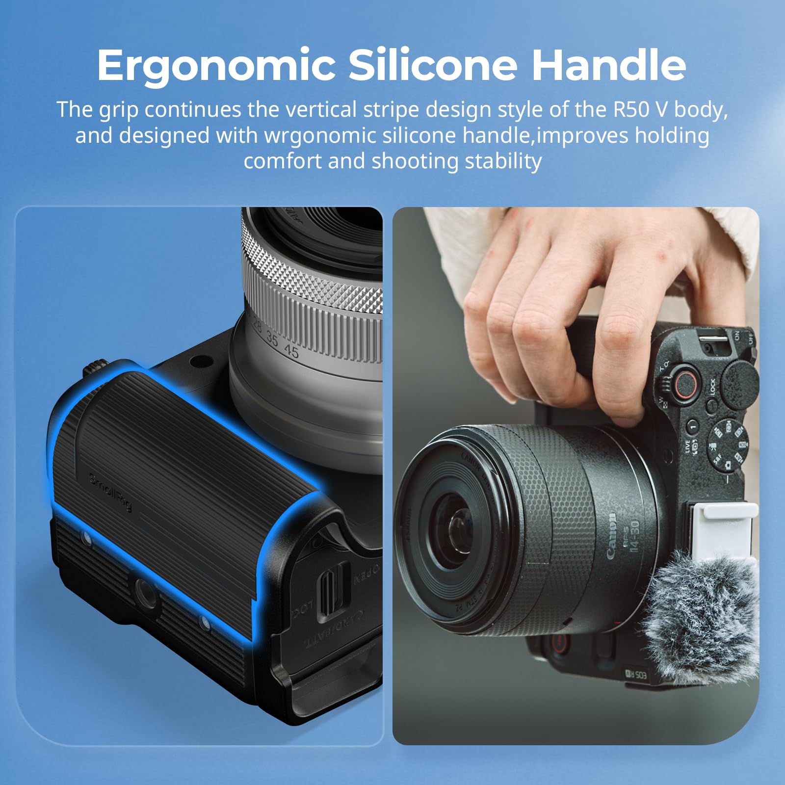 SMALLRIG R50 V Uchwyt w kształcie litery L do Canon R50V z płytką szybkiego zwalniania do Arca, lekki żebrowany uchwyt boczny, mocowanie na zimną stopkę, otwory gwintowane 1/4"-20(czarny) - 5429
