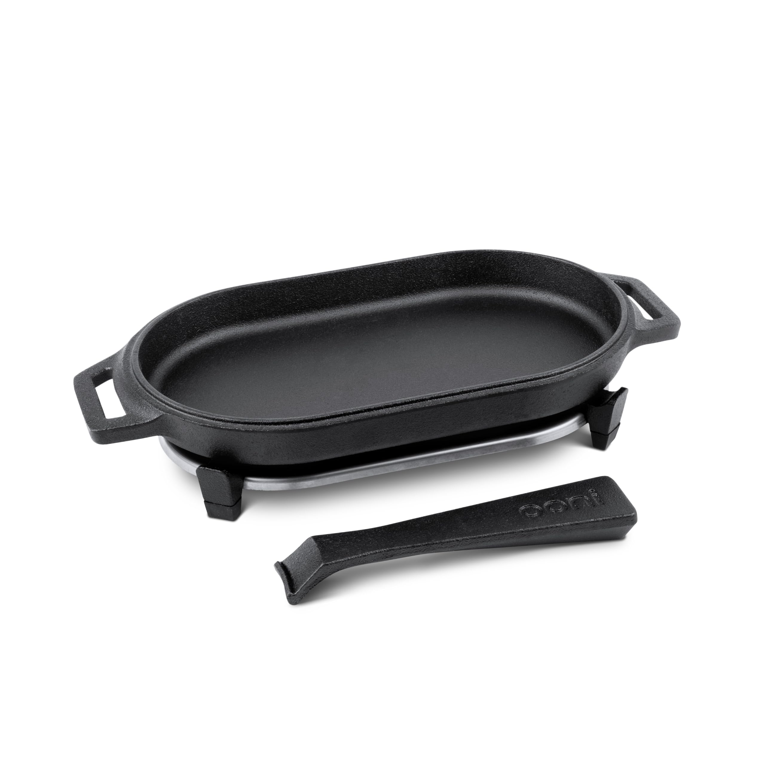 Ooni Gusseisen Sizzler Pan - Grillpfanne 31cm x 16cm Sizzler Platte mit abnehmbarem Griff und Edelstahl Untersetzer, voreingebranntes antihaftbeschichtetes ofenfestes Kochgeschirr, Pizzaofen und