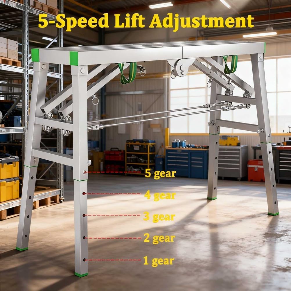 Plataforma Plegable portátil con trampilla, andamio Ajustable, Plataforma de Trabajo Ajustable, Estructura de Acero al Carbono con Capacidad de Carga de 400 kg, Escalera y Plataforma multius