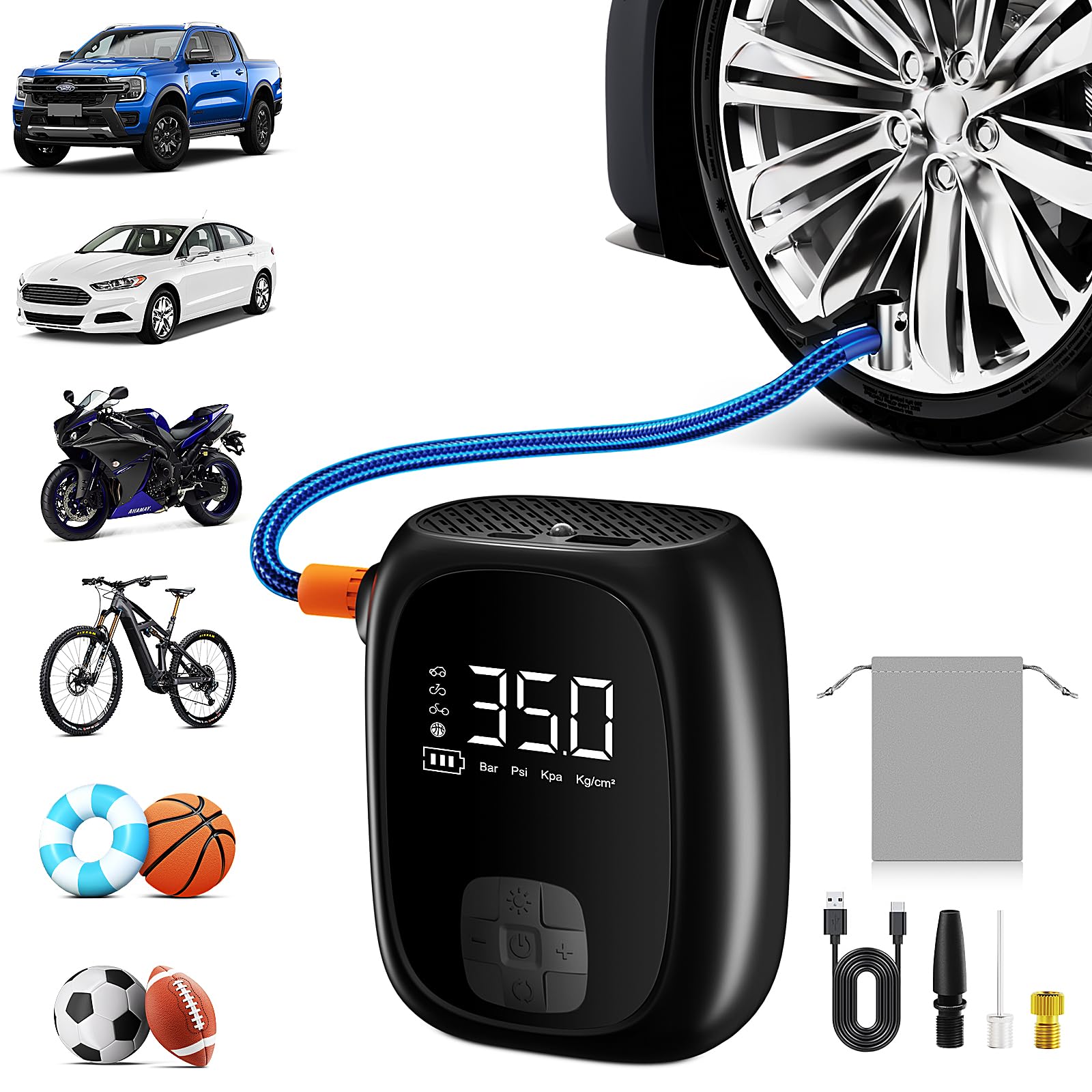 Tire Inflator Portable Air Compressor – Fast Inflation, Auto Shut-Off & LED Display | High-Power Air Pump for Car, Motorcycle & Bike Tires, USB Rechargeable & Compact Design, Father's Day Gifts