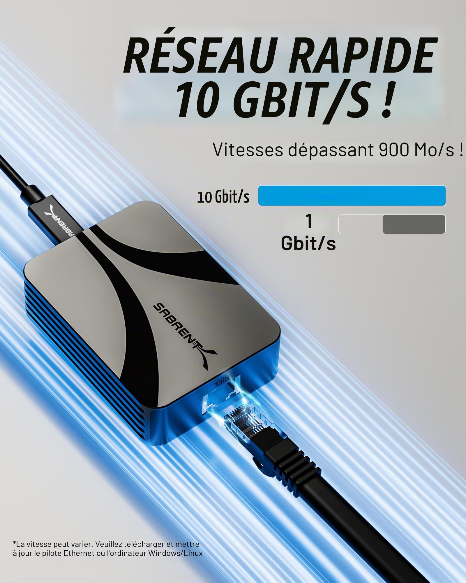 SABRENT Adaptateur Thunderbolt/USB4 vers 10 Gigabit Ethernet, adaptateur réseau USB-C 10 GbE pour Thunderbolt 3/4/5 et USB4 uniquement (pas USB standard), aluminium, Wake-on-LAN, Multi-Gig 5G/2.5G/1G
