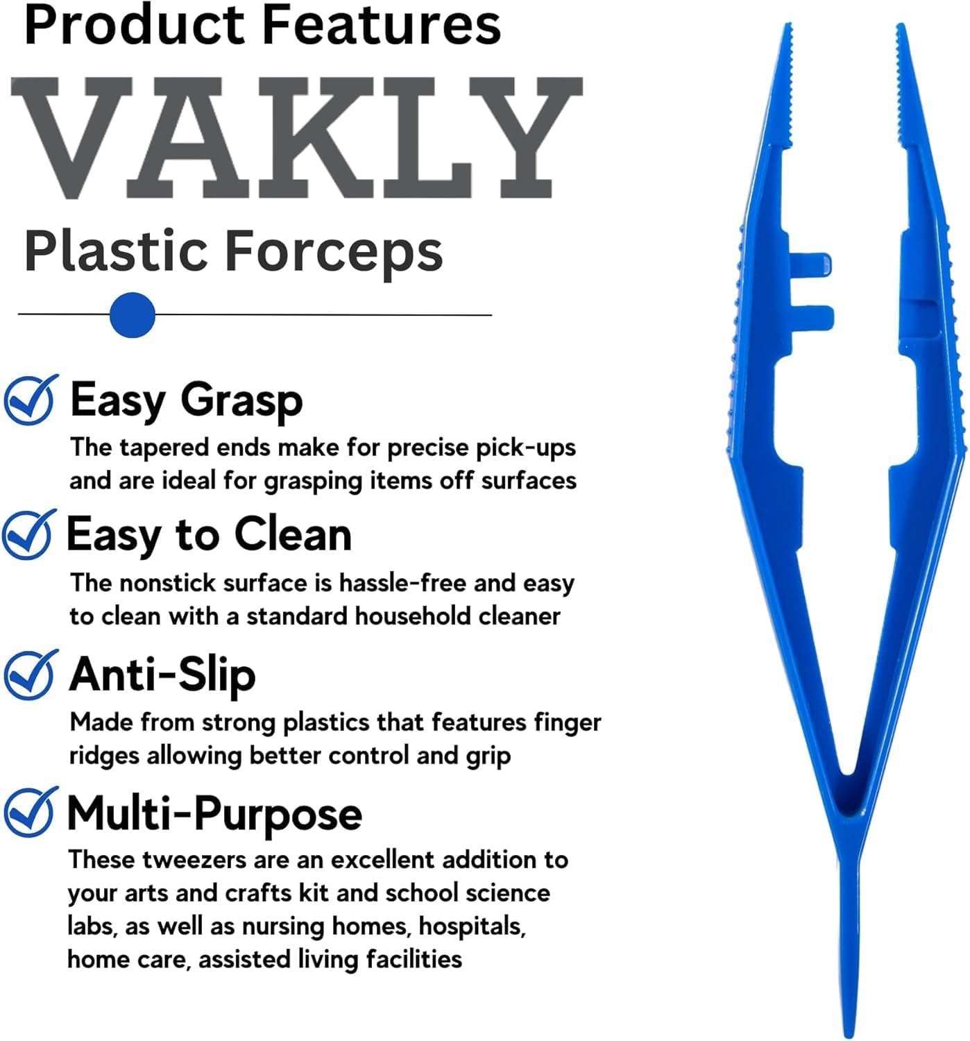 Vakly Plastic Forceps Tweezers Blue Disposable (500 Pack) – First Aid Pickup Grabbers with Serrated Tips & Finger Ridges for Medical, Lab, Crafts & School Use