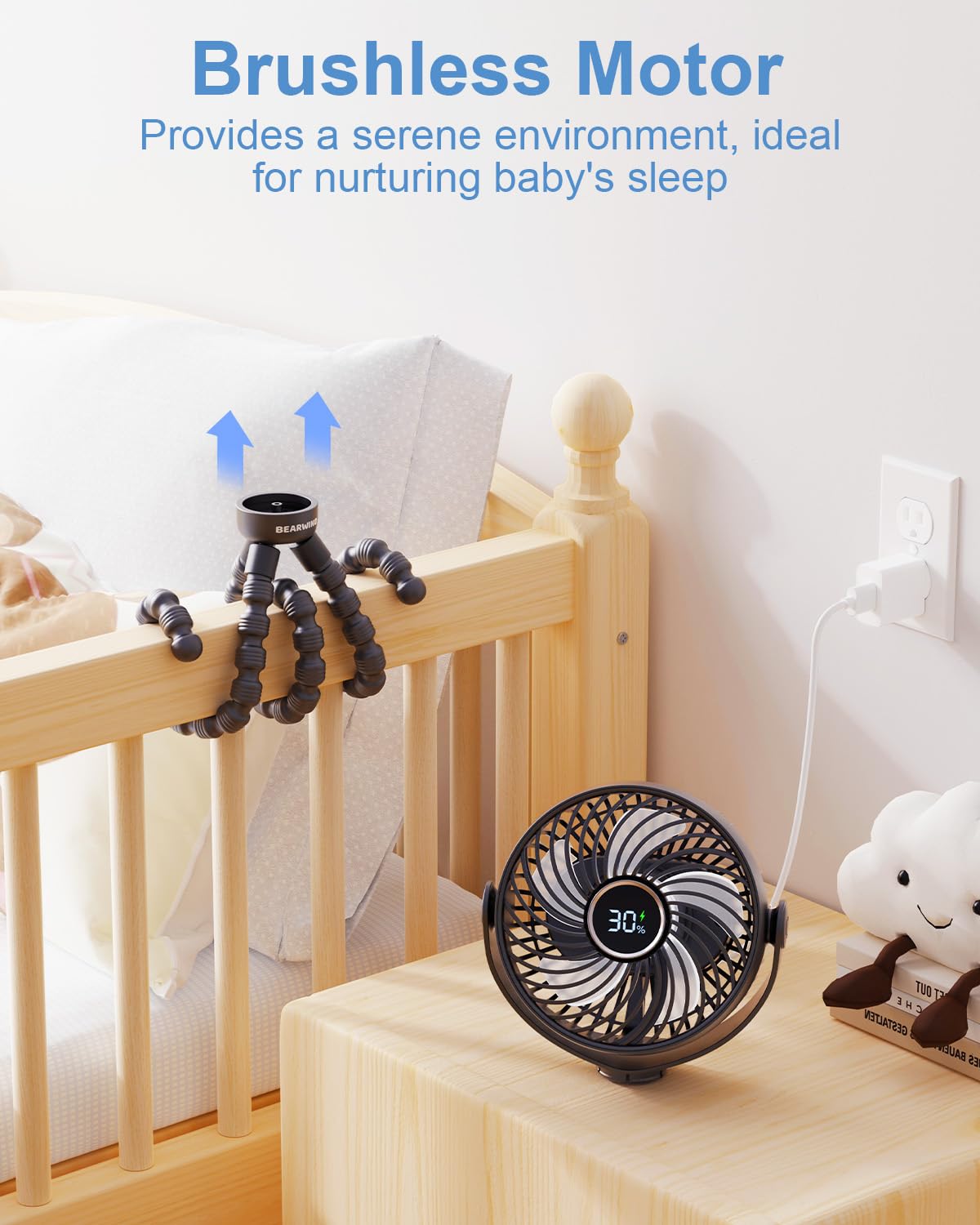 Ventilateur portable pour poussette rechargeable USB avec lumière LED nocturne, 4 vitesses et trépied amovible à 360° - pour voyage, voiture et berceaux
