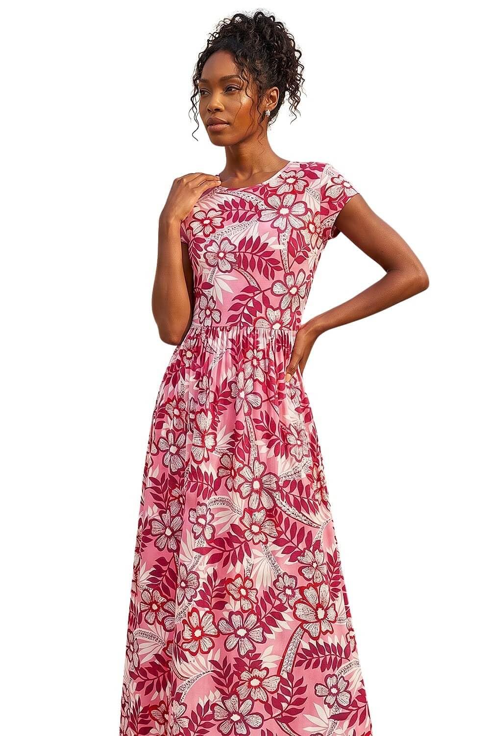Roman Floral Pocket Midi Dress, Pink, Size 18, Women