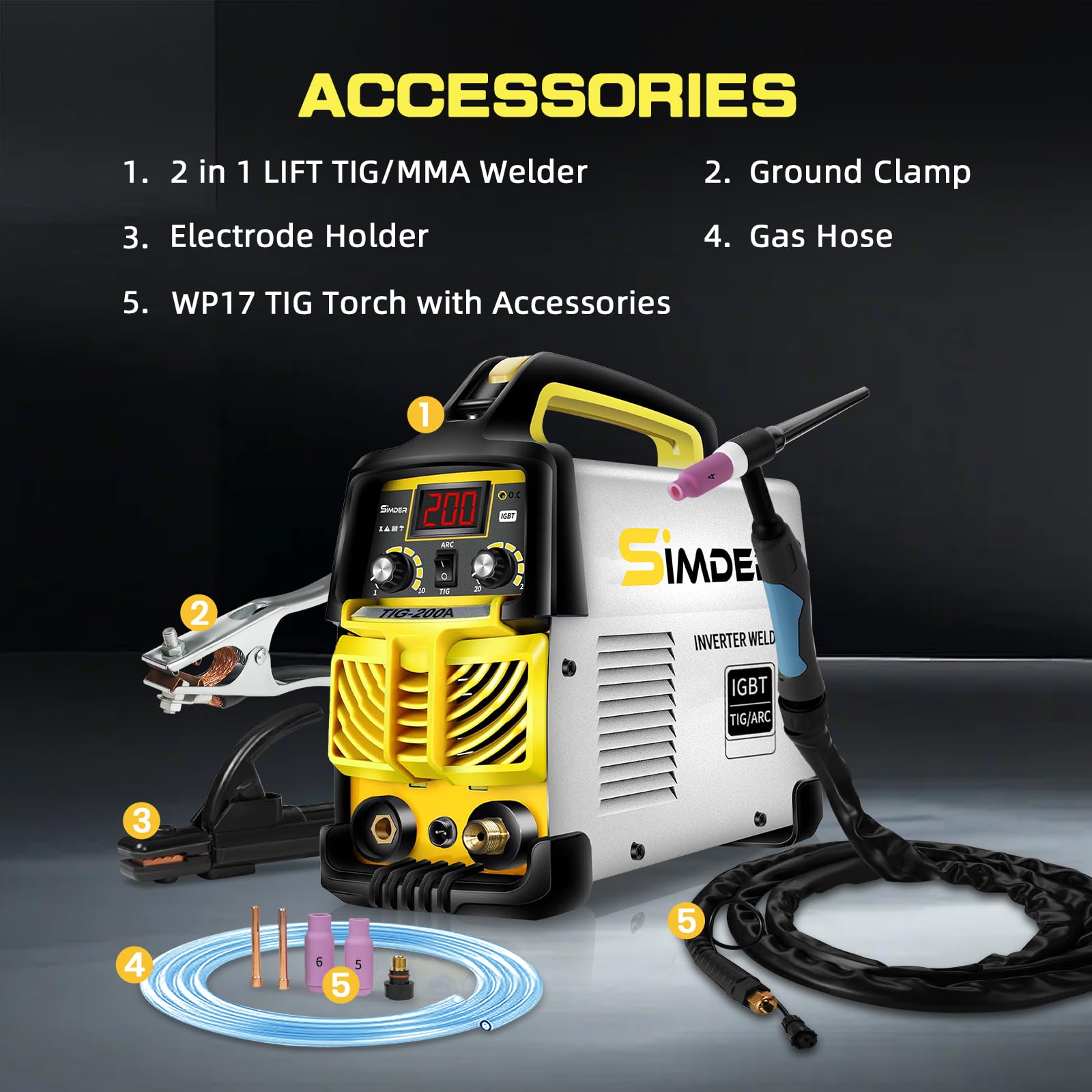 SSIMDER Tig Welder TIG-200 220 V TIG Stick 2 in 1 Saldatrice MMA Saldatrice ad arco DC IGBT Inverter TIG Saldatrice Saldatrice per la fabbricazione di metalli/Automotive/DIY/Officine