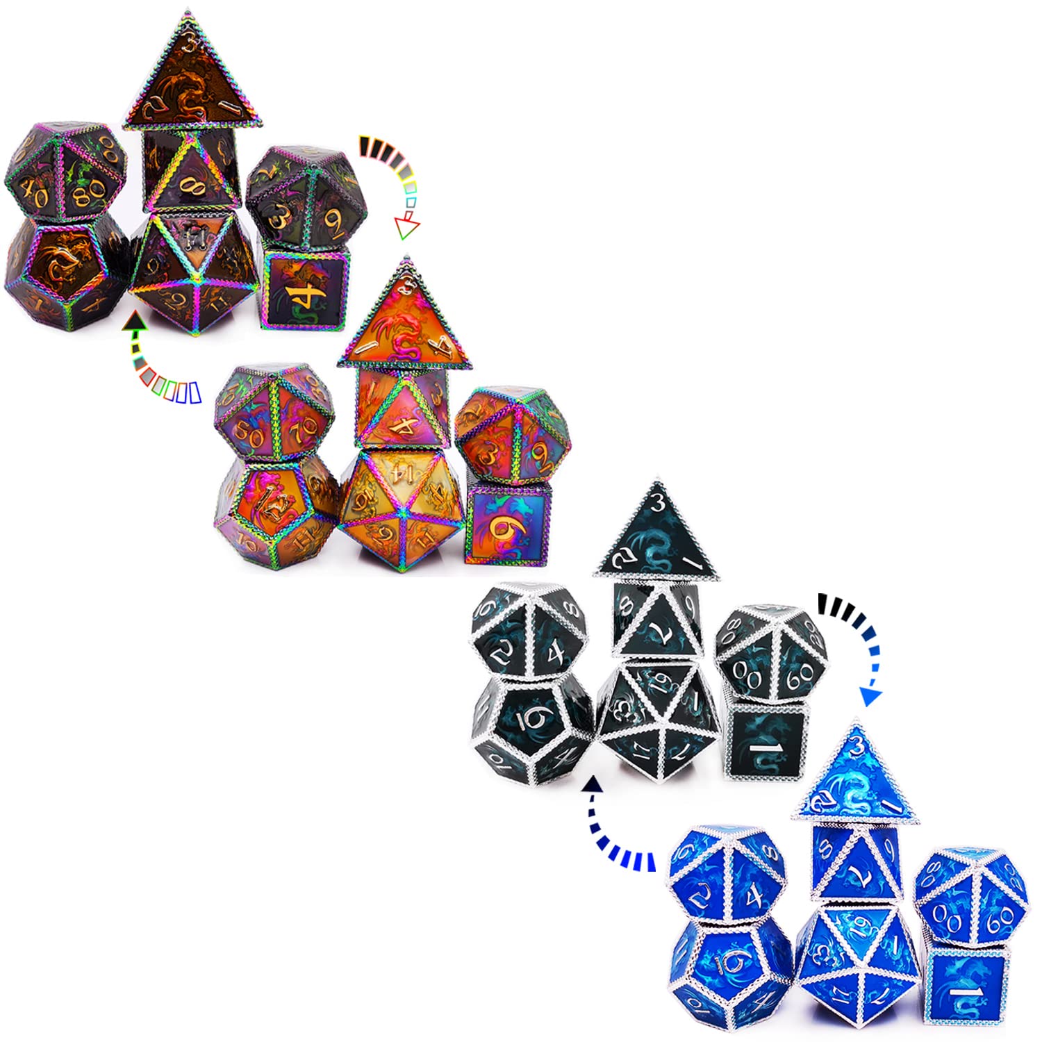 HAOMEJAColor Changing Temperature Metal Dragons DND dice 14 Set (Black Transition Colourful+ Blue)