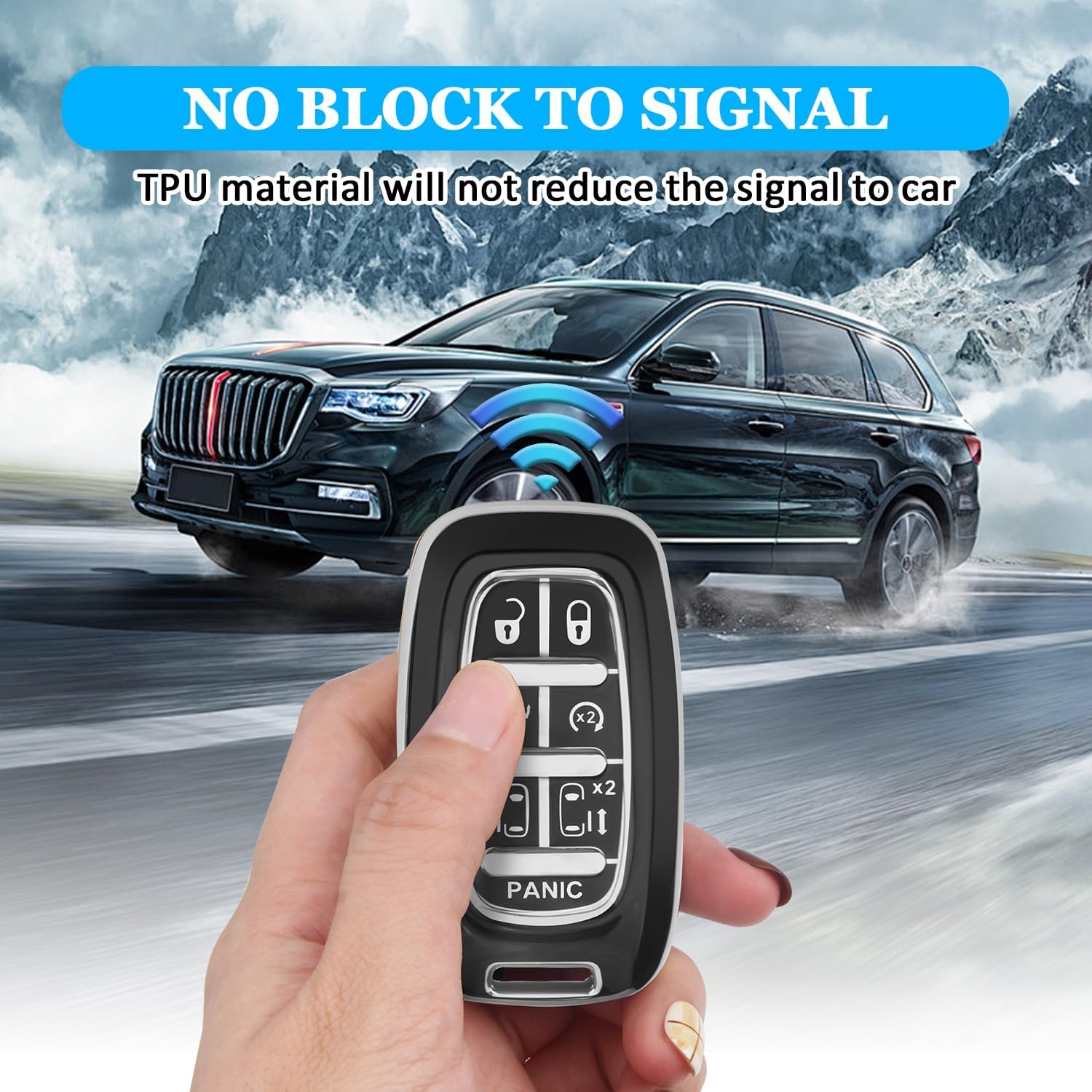 Key Fob Cover fit for Chrysler Pacifica, 7 Button for 2017-2025 Touring, Pinnacle, Limited, Voyager, 2020 Proximity, Smart Key Fob Replacement 68217832AC, 68217832AB, M3N-97395900 (Black, Silver Edge) - Image 3