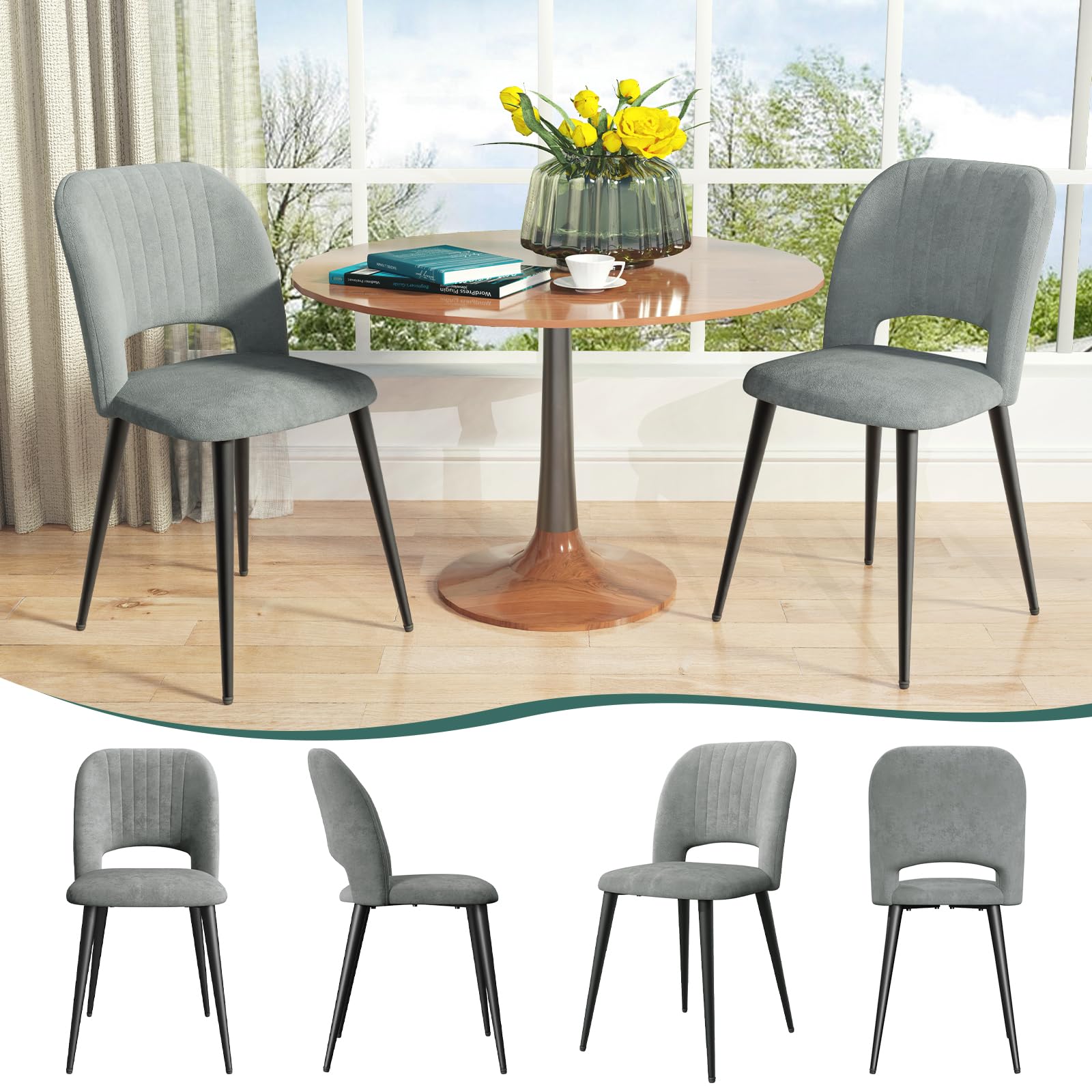 Juego de 4 Sillas de Comedor Tapizadas, Sillas de Cocina de Terciopelo | Sillas con Respaldo Patas de Metal, para Comedor, Salón, Restaurante, Recepción, Oficina, 48x45x85 cm, Gris