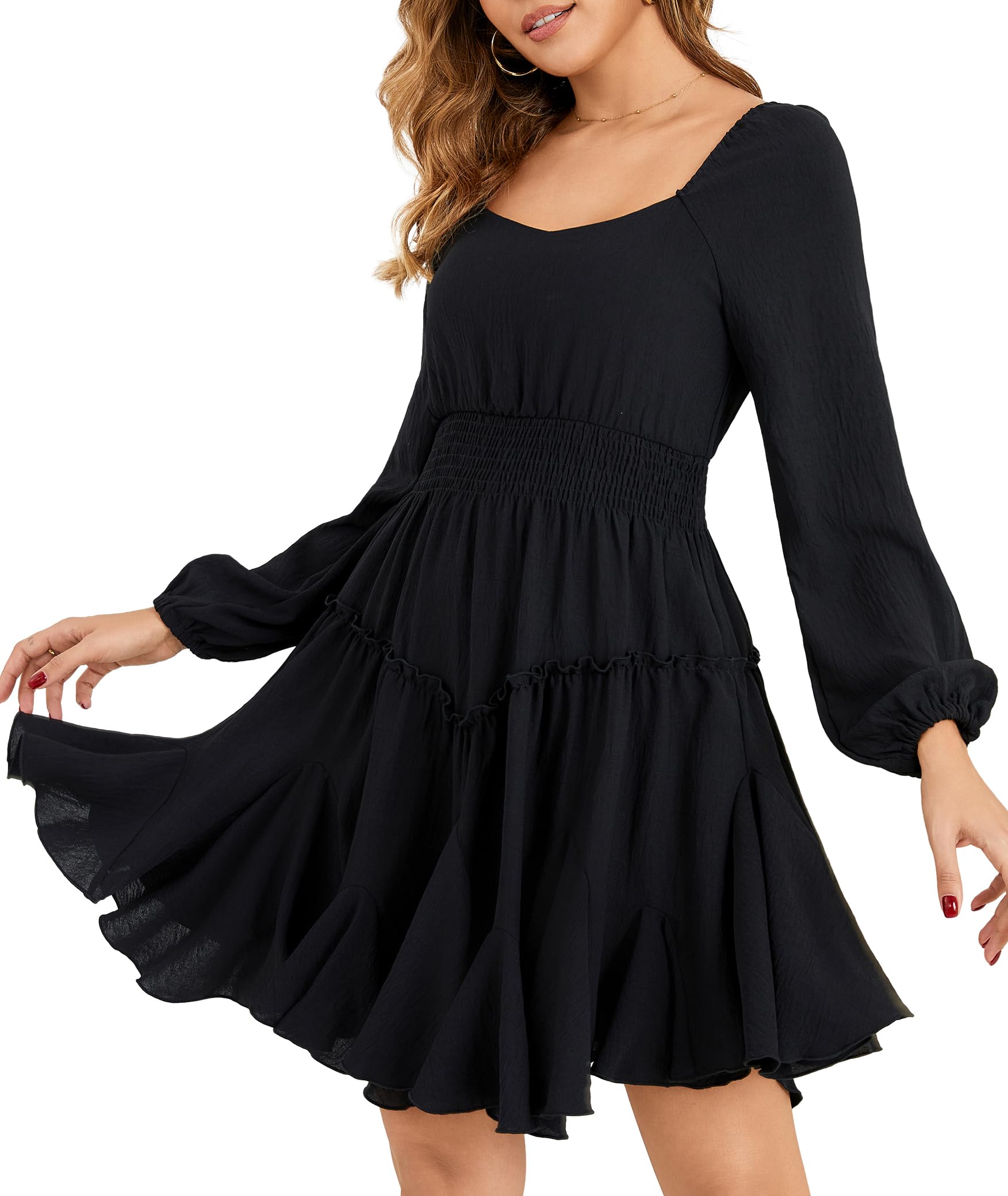 Beluring Damen Kleider Elegant Laterne Langarm Blusenkleid Eckiger Ausschnitt Tunika Wickelkleid Schwarz L