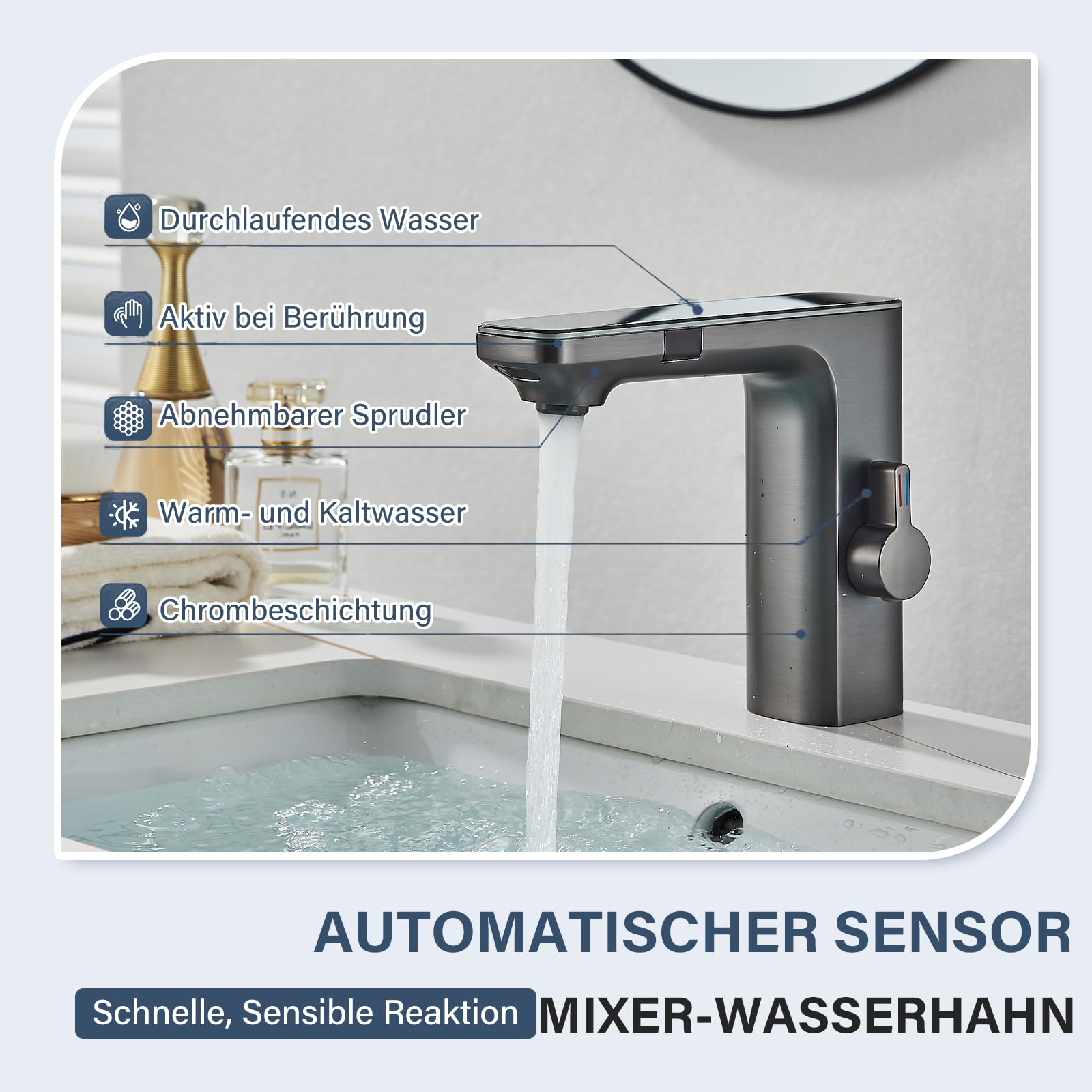 Grifo con sensor infrarrojo baño gris, sensor automático mezclador baño pantalla pantalla caliente agua fría grifo mezclador grifo lavabo